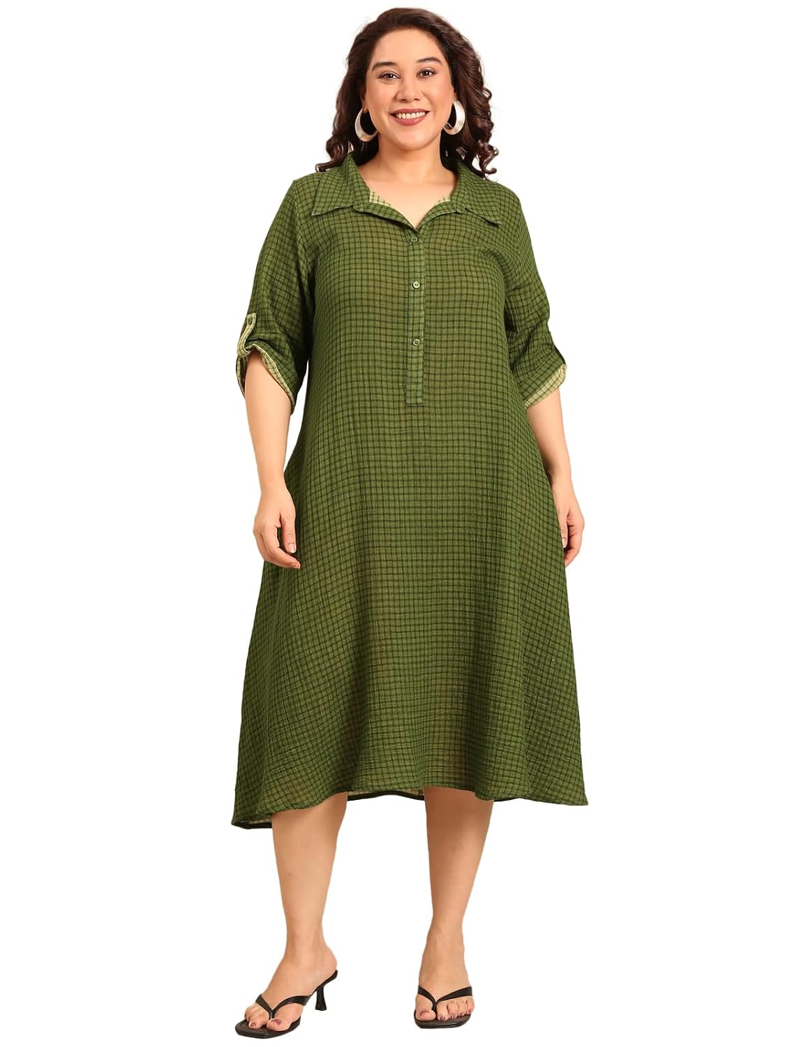 The Pink Moon Women's Plus Size Midi Dress, Green, Checkered, Cotton, A-Line, Collared Neck, 3/4 Sleeve