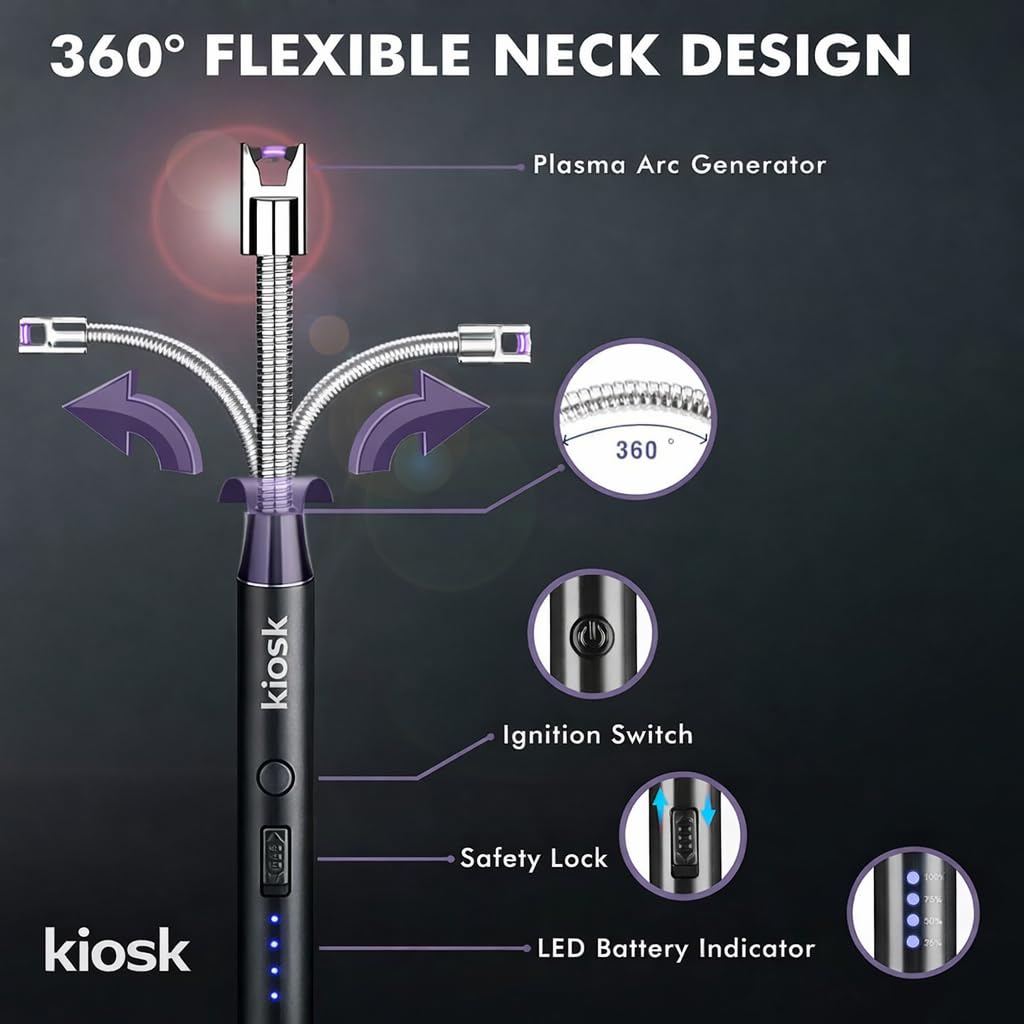KIOSK 2 PCS Kitchen Rechargeable Electric Gas Lighter for Kitchen | USB-C Charging | 360° Flexible Neck | Windproof Plasma Arc | Multipurpose for Gas Stove, Candle, Pooja | Safety Lock-1 Year Warranty — Amazon image 6