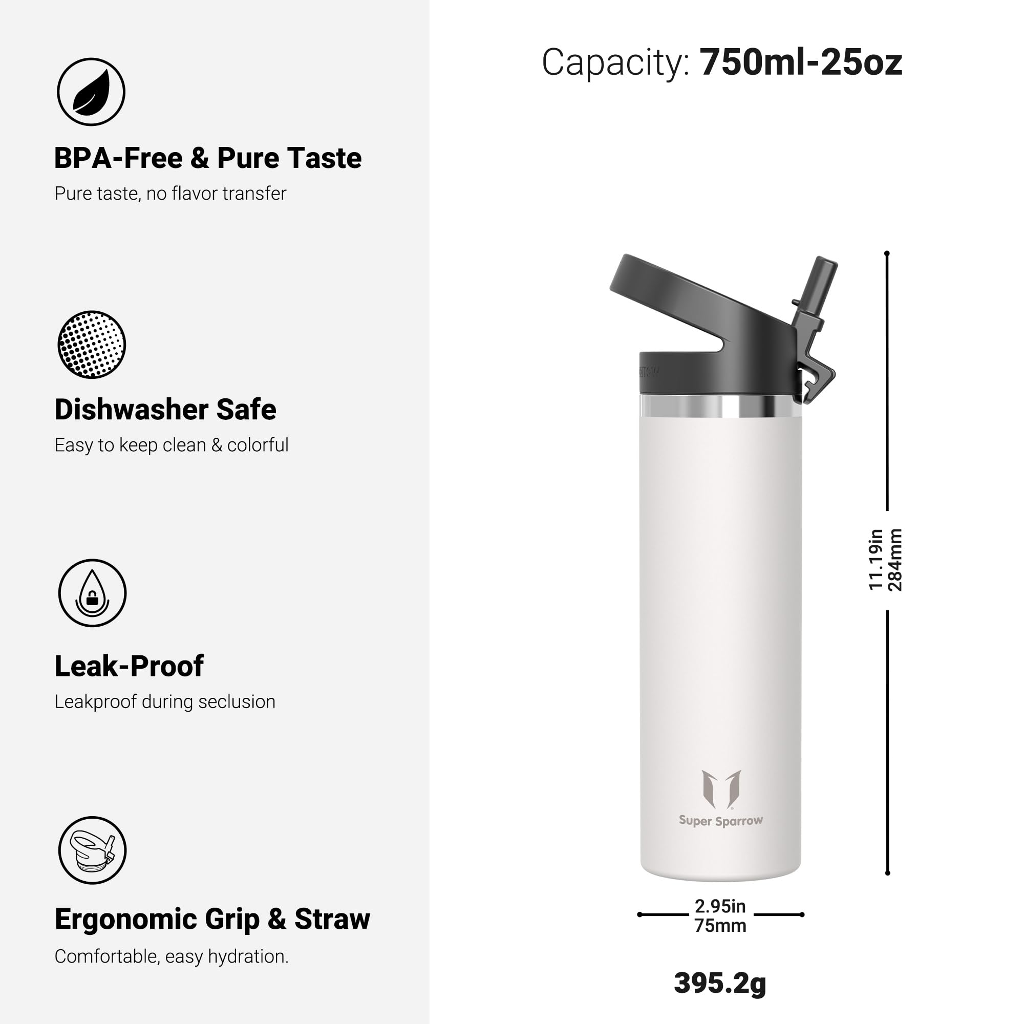 Super Sparrow Borraccia Termica - 500ml, 750ml, 1000ml, 1.2L, 1.5L- SwivelSip Inox Bottiglia - Senza BPA Borracce Termiche, Borraccia Ergonomica per Bambini, Sportiva, Bici, Campeggio, Palestra
