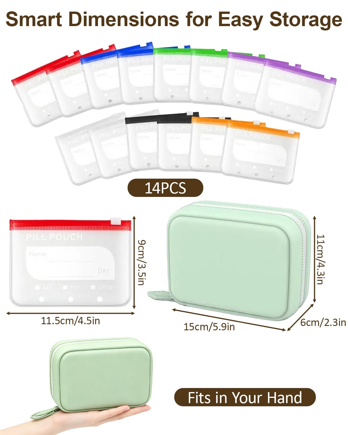 A8 Pilulier Organiseur Imperméable, 14 Pochettes à Médicaments avec Code Couleur, Trousse à Pharmacie Pratique et Réutilisable pour Usage Quotidien et Voyage (Vert)