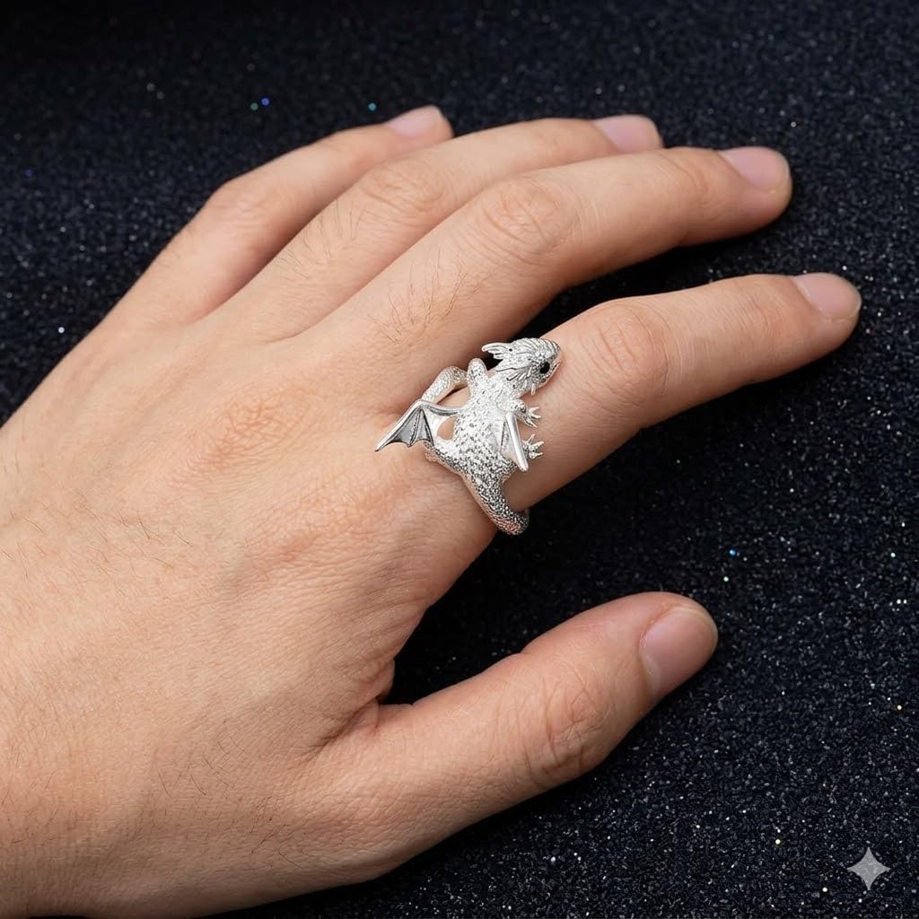 SUPAC Whimsical Silver Flying Dragon Ring - Unique Animal Shape Design, Adjustable Index Finger Ring for Men or Women, Cute Personality Statement Jewelry, Niche Fashion Accessory