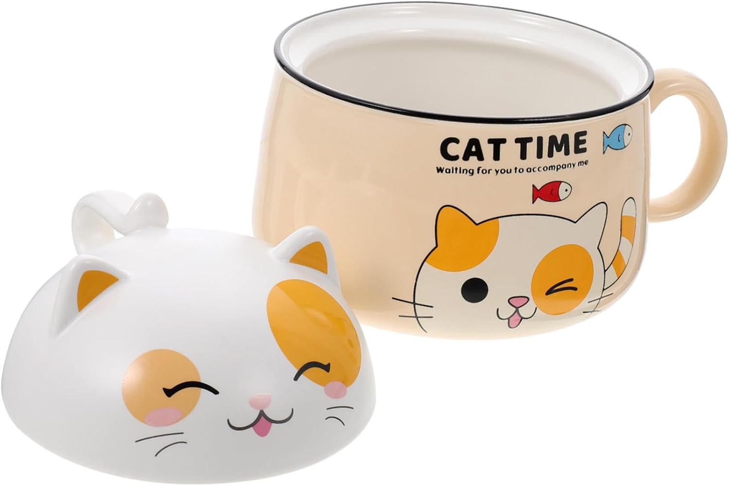 1020mL Cartoon Cat Ceramic Noodle Bowl Handle Decorative Soup Bowl for Instant Noodles Rice and Snacks Dishwasher Safe Tableware for Cat Lovers