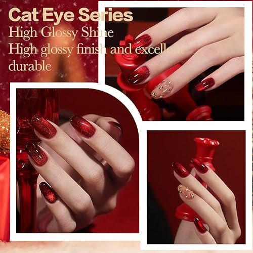 Miniatura 10 de Esmalte de gel magnético Cat Eye (A01-rojo sangre y rojo oscuro)