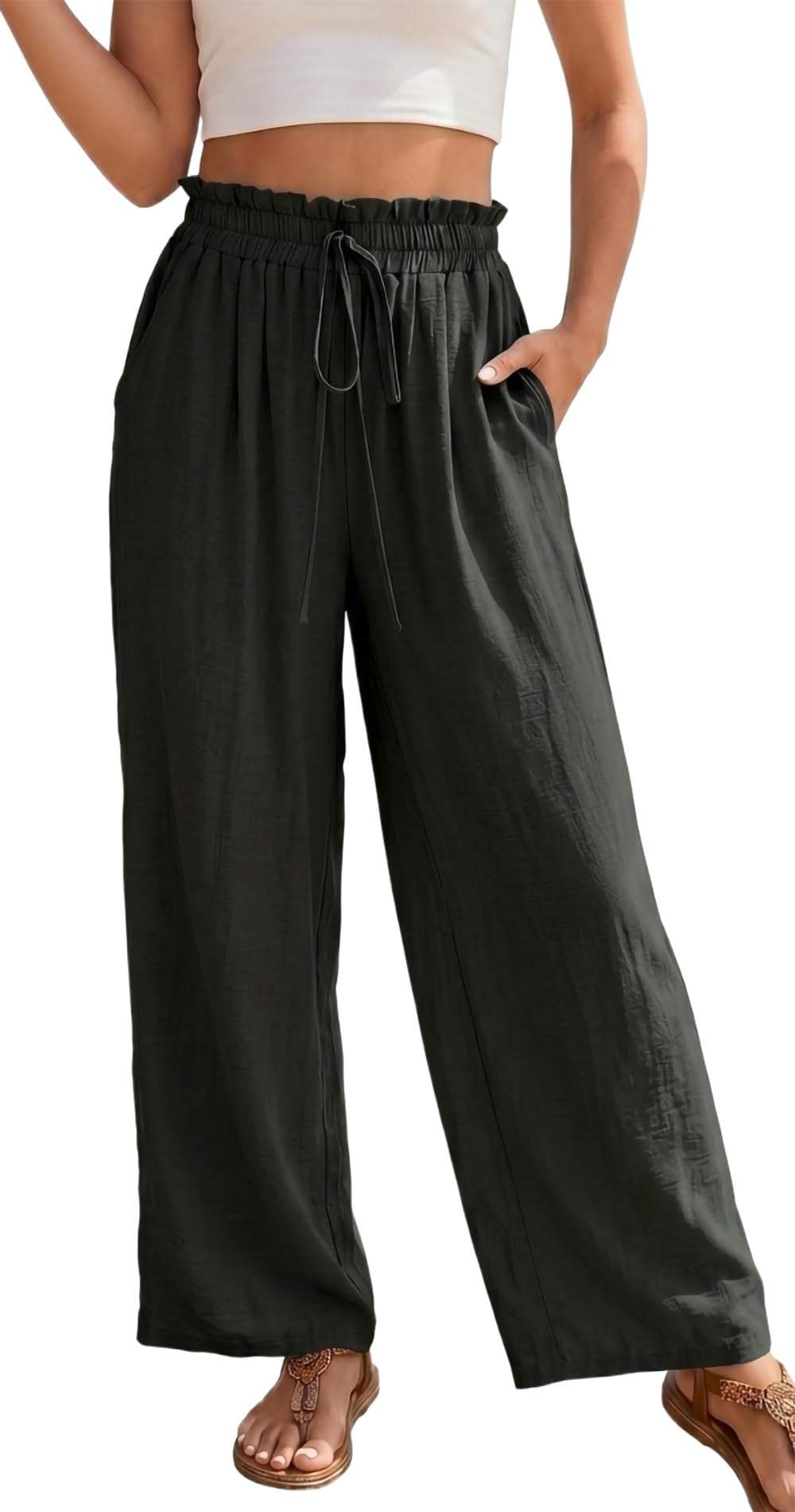 YUTILA Damen Sommerhose Weite High Waist Strandhose Boho Leichte Luftig Freizeithose mit Taschen Palazzo Hose Einfarbig & Muster