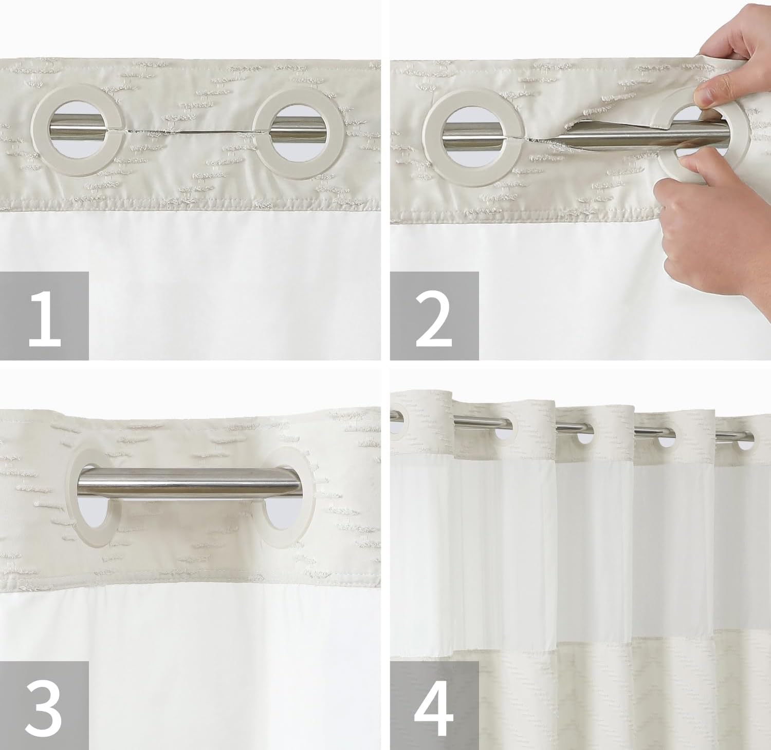 No Hook Tufted Chevron Striped Shower Curtain with Snap-in Fabric Liner set-71Wx74H(72H),Cream Hotel Grade Boho Style Shower Curtain with See Through Top Window,Water Repellent