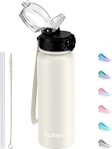 GOPPUS 600ml Stainless Steel Water Bottle with Straw Double Wall Vacuum Insulated with Strap Reusable Leak Proof Keep Beverages Cold with Flip Lid for Men and