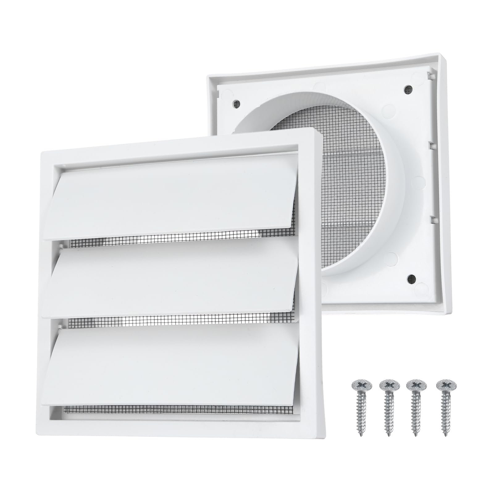 sourcing map 1Set Louvered Exhaust Vent Cover (4" Opening, 5.5"L x 5.5"W) - Air Wall Vents with Dustproof Mesh, Plastic Exhaust Ventilation Grille for Kitchen/Bathroom/Garage, White