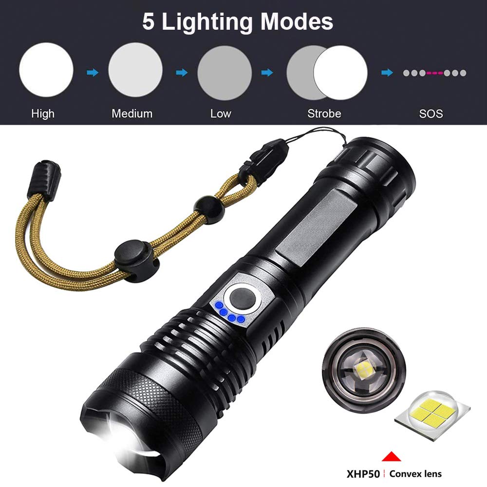 Torce a LED ricaricabili torcia Super luminosa da 5000 lumen 5 modalà Zoomable impermeabile potente per il campeggio di emergenza all'aperto Torce a LED ricaricabili torcia Super luminosa da 5000 lumen 5 modalà Zoomable impermeabile potente per il campeggio di emergenza all'aperto