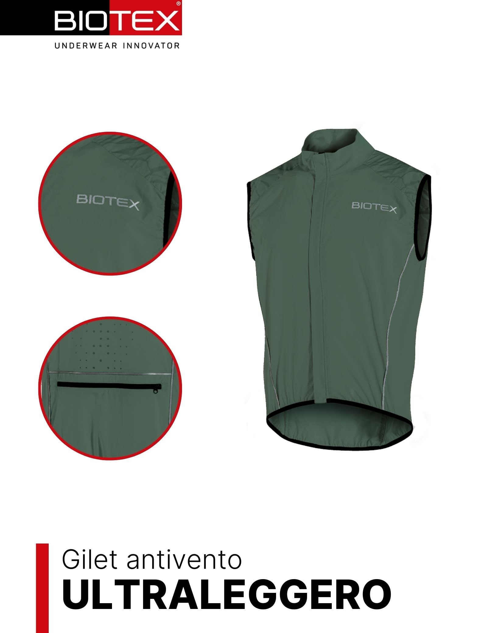 BIOTEX Gilet Antivento Ingamba Unisex per Ciclismo e Running, Smanicato Leggero e Traspirante con Tasca Posteriore