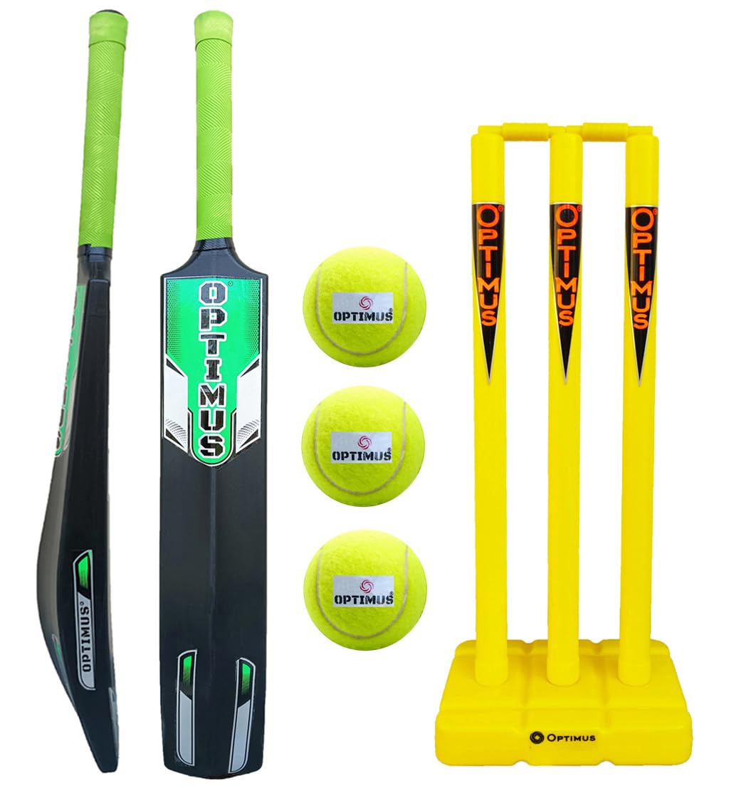 Optimus® Cricket Kit Combo Set - 1 Plastic Bat 4 No. - 5 to 6 Yrs Age, 3 Cricket Tennis Ball, 24 Inch Plastic Stump Set 3 Pcs 2 Bails with Base - Green Alpha B-picture-24