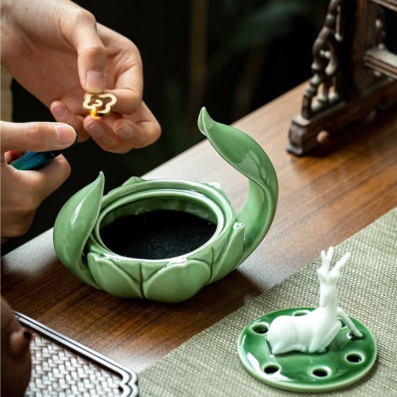 Quemador de Incienso de Cascada Quemador de incienso de loto de cerámica, adornos for el salón simples y creativos, quemador de aromaterapia Zen for interiores, quemador de sándalo de madera de agar Q