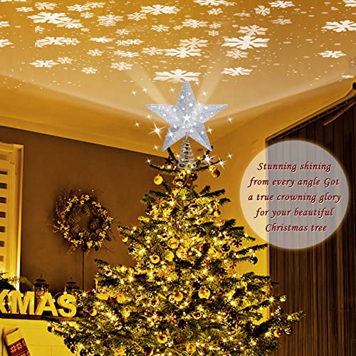 Laiwen Christmas Tree Topper Lighted Star Topper With Rotating Snowflake Led Projector For Christmas Tree Decoration, 3D Hollow Silver Glitter Tree Toppers Christmas Decorations 11.3'' #TOP1