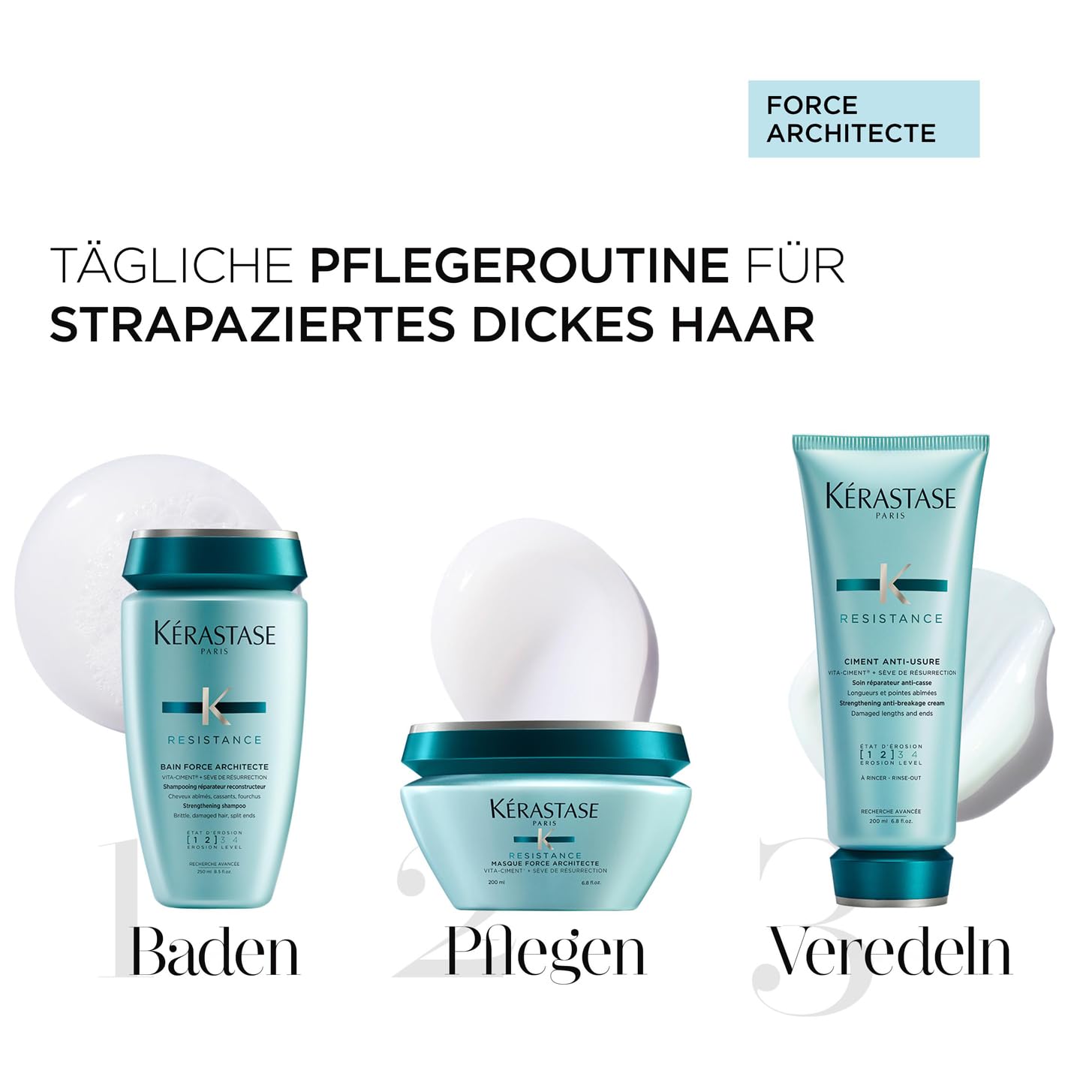 Kérastase, Résistance, Pflegeroutine mit Shampoo, Haarmaske und Hitzeschutz, Für geschädigtes und strapaziertes Haar, Aufbauend und stärkend
