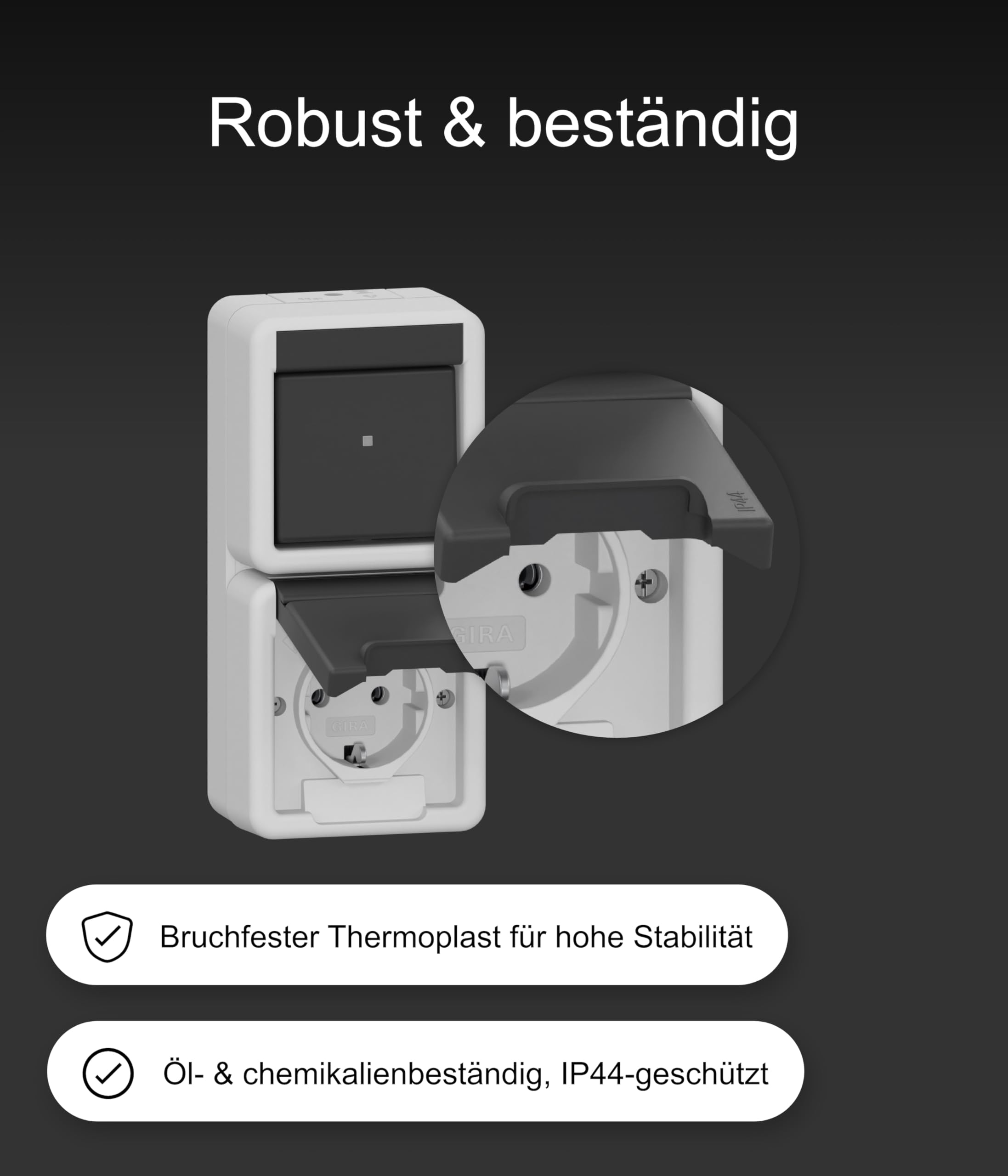 Gira Kombischalter 417630 Aufputz Grau I Kombination Aus/Wechsel + SCHUKO Steckdose senkrecht mit Klappdeckel I Wassergeschützt IP44 I Thermoplast bruchsicher