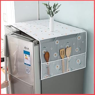 Wolpin Fridge Top Cover Waterproof with 6 Utility Pockets (1 Pc) | Daisy Printed Dustproof Refrigerator Cover for Kitchen Home Décor | Protective Multi-Purpose Storage Organizer Cover