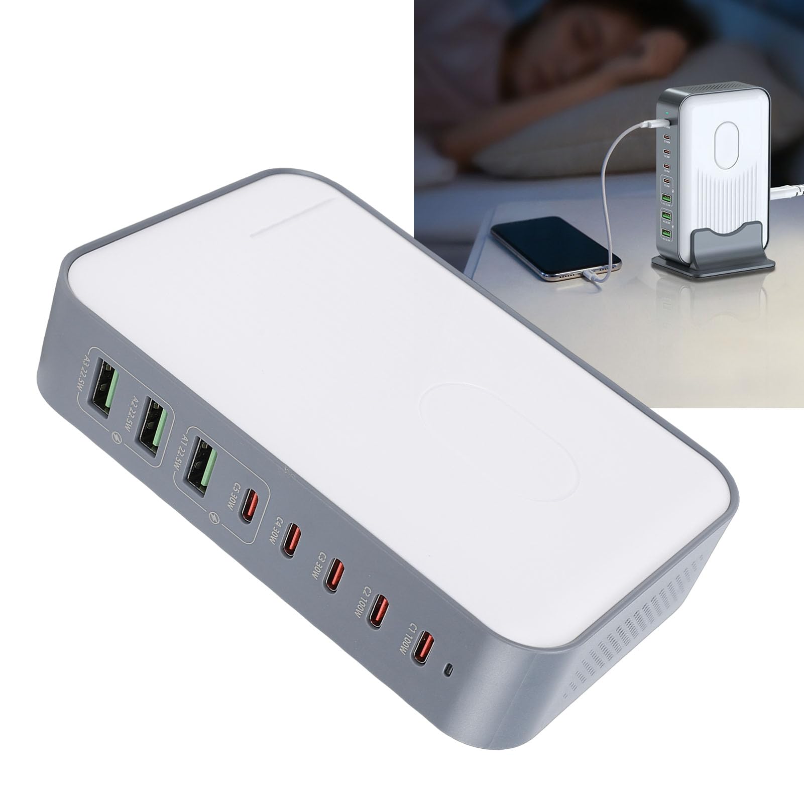 Sxhlseller Estación de Carga USB de 8 Puertos con Carga Rápida PD de 100 W | Dual para Computadora Portátil, 200 W, Base Estable en Forma de U para Teléfonos, Tabletas y Más (Enchufe de la UE)