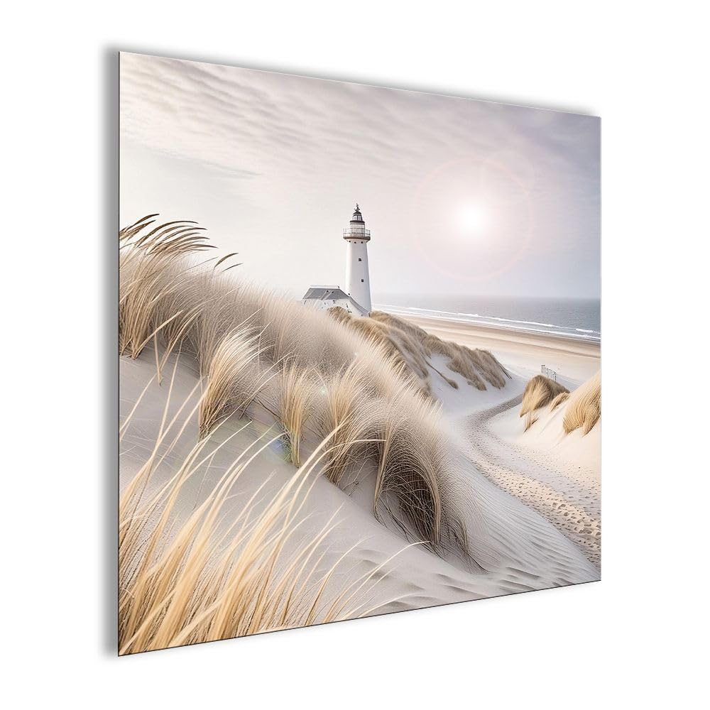artissimo Bild aus Glas 50x50 cm Strand und Meer Leuchtturm Dünen AG5566A – modernes Glasbild Wandbild Quadratisch, Wanddeko Wohnzimmer, beige, maritim skandinavisch