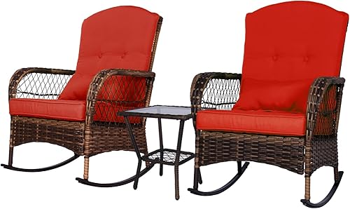 Rotihom Juego de 3 piezas de muebles de mimbre para exteriores, mecedoras de mimbre de polietileno con cojín grueso, moderno juego de bistró con