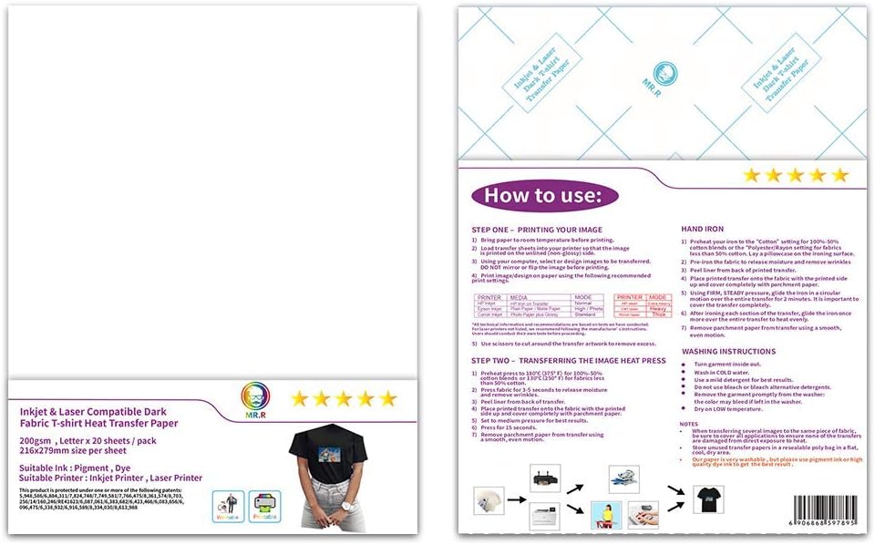 MR.R 8.5''x11'' Inkjet and Laser Compatible Printable Heat Transfer Vinyl Paper for Dark T-shirt Fabric, Made in USA (20 Sheets)