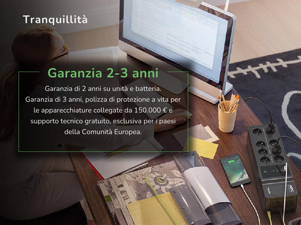 UPS APC per la casa, batteria di emergenza UPS da 500VA con AVR, (1) porta di ricarica USB, gruppo di continuità Back-UPS, BE500G2-IT