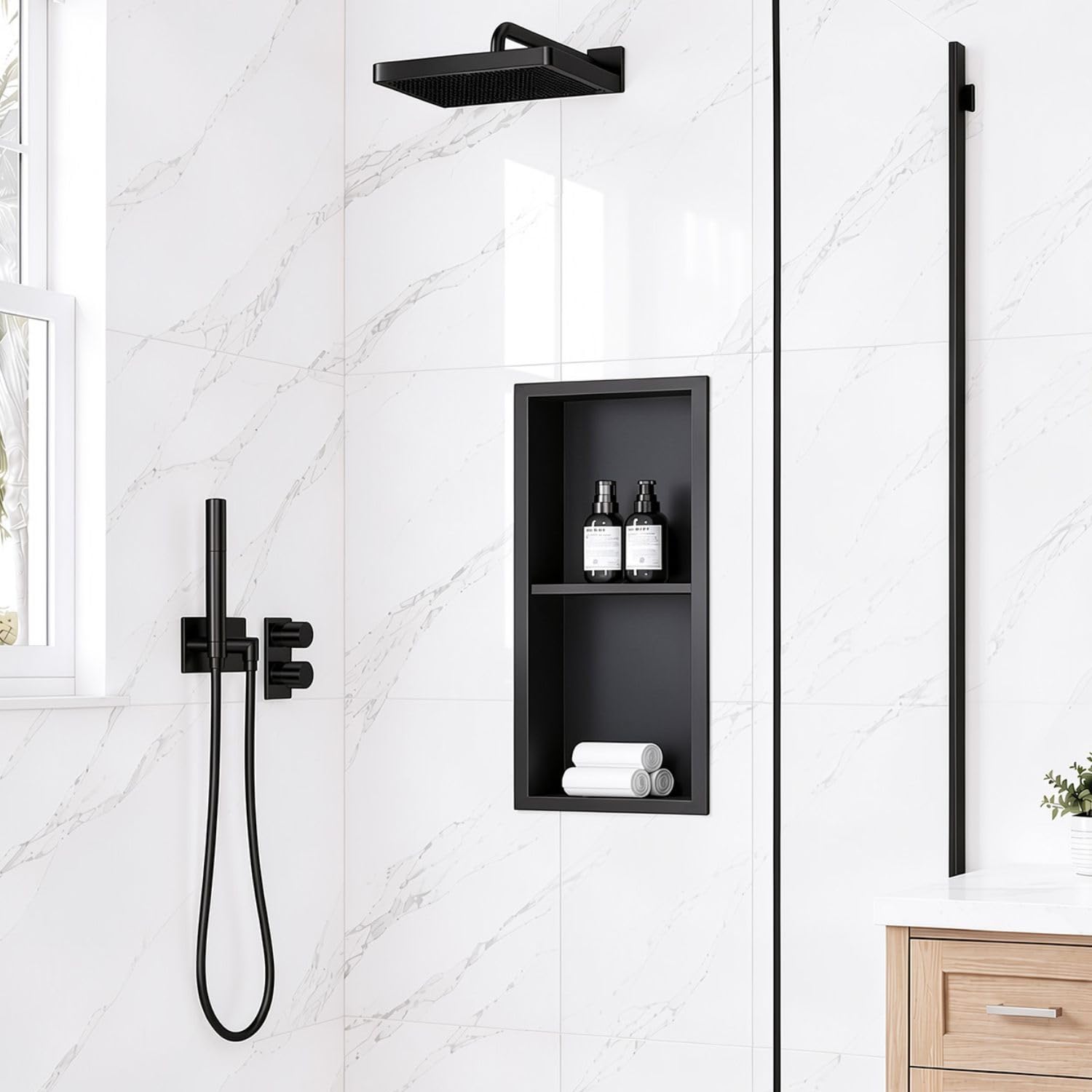 24 x 12 Inch Stainless Steel Shower Niche, No Tile Needed Wall Niche with Double Shelves, Recessed Wall Niche Insert for Bathroom Shower Kitchen Storage, Matte Black