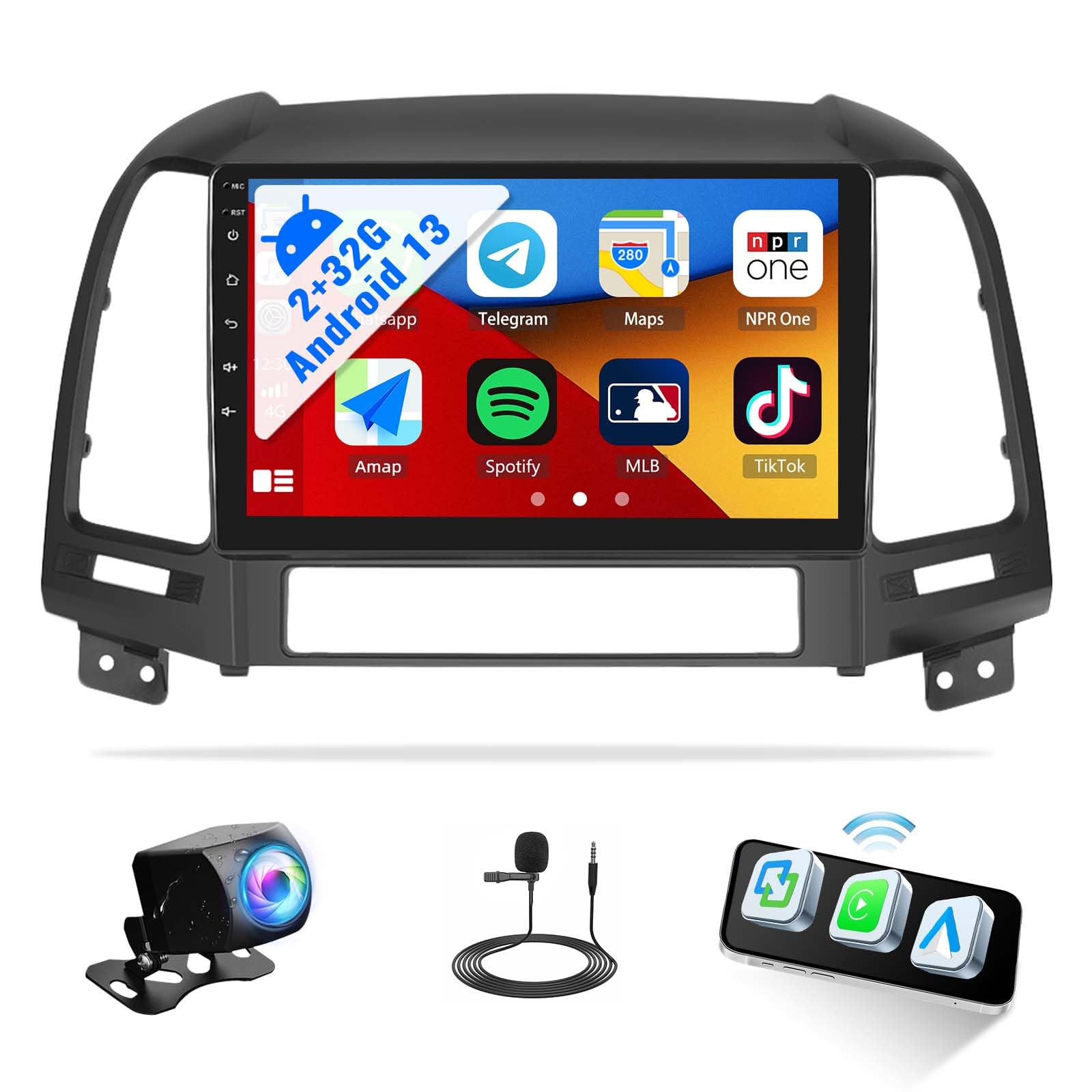 SIXWIN 2G+32G Android 13 Car Radio for Hyundai Santafe 2006-2012 with Wireless Apple Carplay Android Auto Mirror Link 26UI Bluetooth 9 inch Touchscreen with GPS Navigation WiFi EQ FM Backup Camera MIC