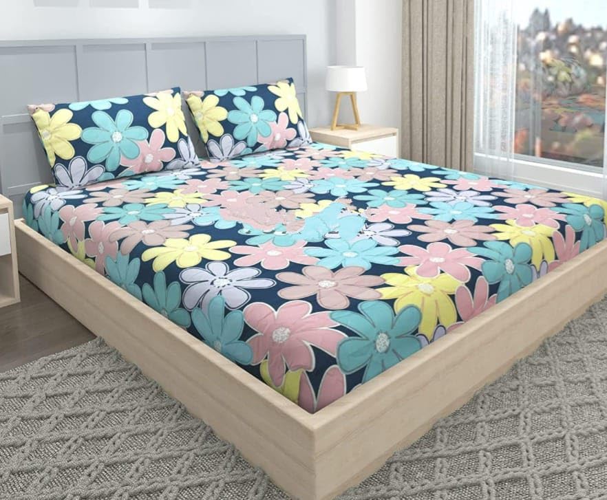 Sands Presents Cotton Feel Elastic Bedsheets for King Size Bed, 210 TC, 72x78x8 Inch with 2 Pillow Covers 18x28 Inch. (Blue Flowers) (B0DHLBLMT8) Amazon Price History, Amazon Price Tracker