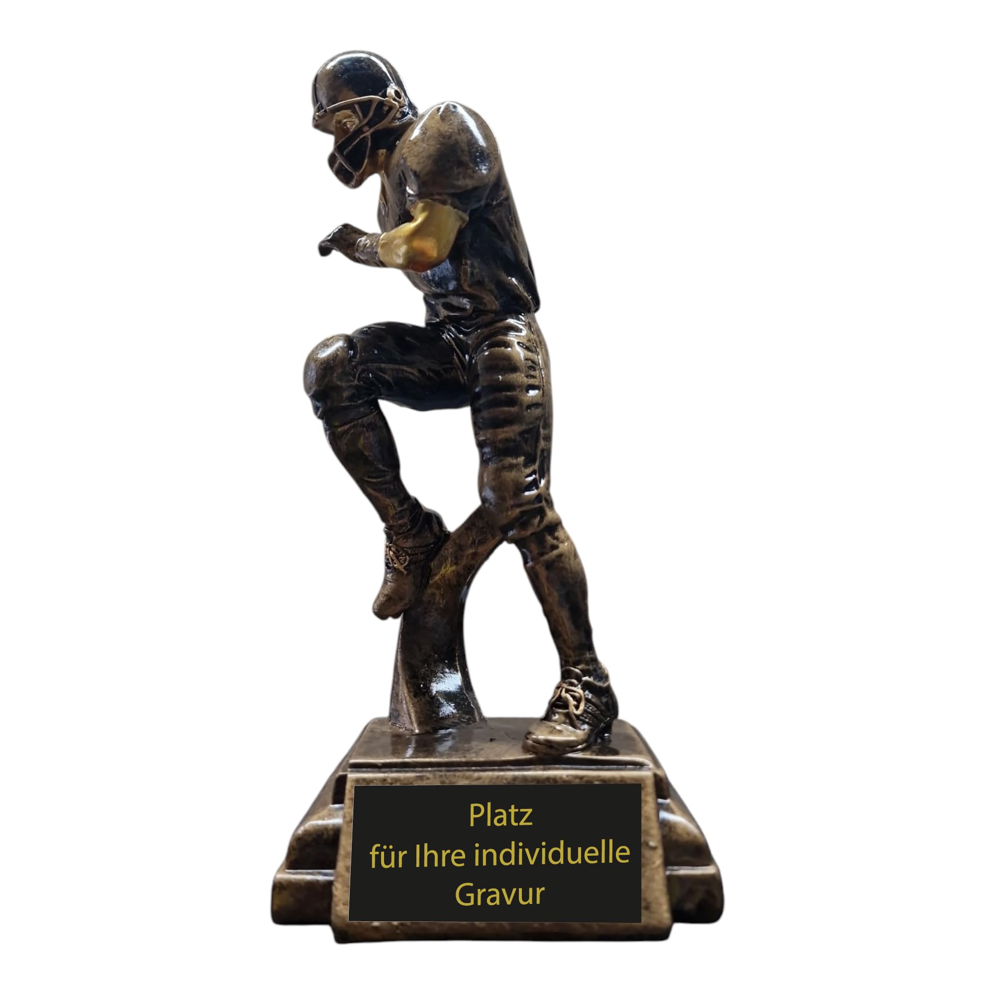 American Football Pokal 22 cm - Resin Trophäe mit Spielerfigur & Gravur | Antik-goldene Auszeichnung für Footballturniere, Teams und Ligen. Robuste Qualität mit Spieler in Action und Gravurschild