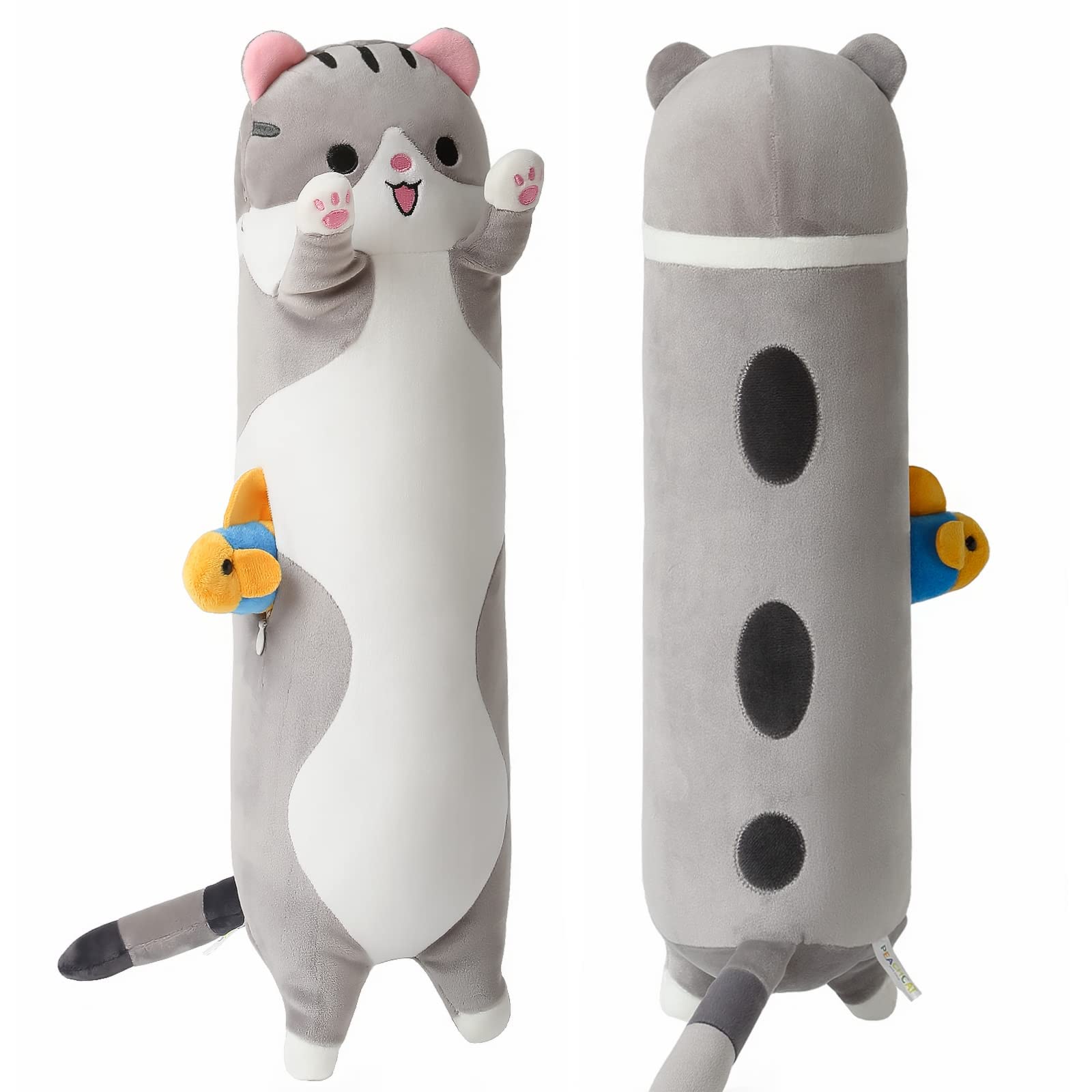 shownicer Cojín de Peluche de Gato Largo con diseño de Gato Kawaii, cojín de Peluche para Dormir, Regalo para niños y niñas de 12 años (50 cm, Gris y Pescado)