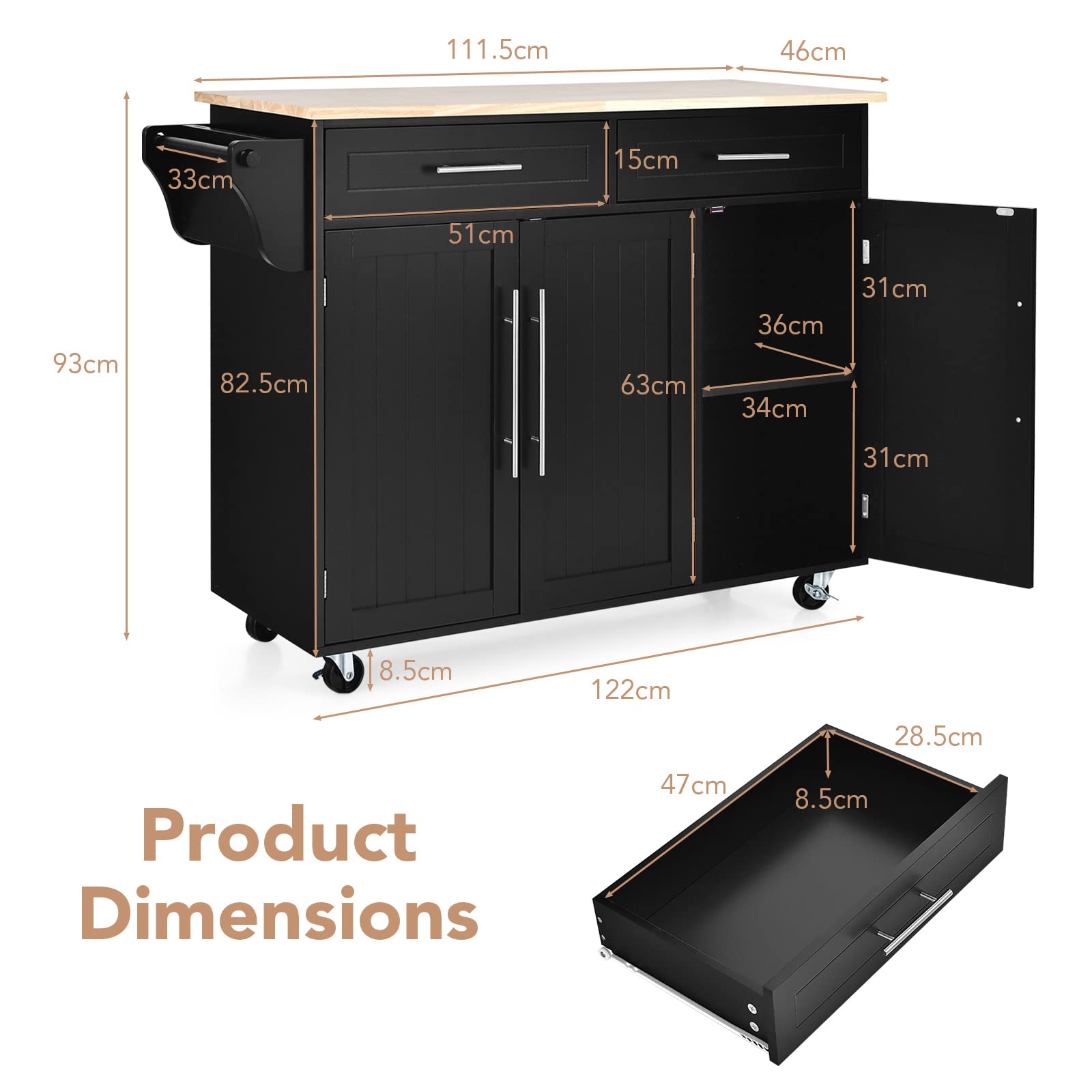 GYMAX Credenza Mobile su Ruote, Carrello Cucina a 3 Ante con Maniglia, Ripiano Ragolabile in Altezza, 2 Cassetti, 6 Cubi Portaoggetti, Portasciugamani, 122x46x92,3 cm, Bianco (Nero)