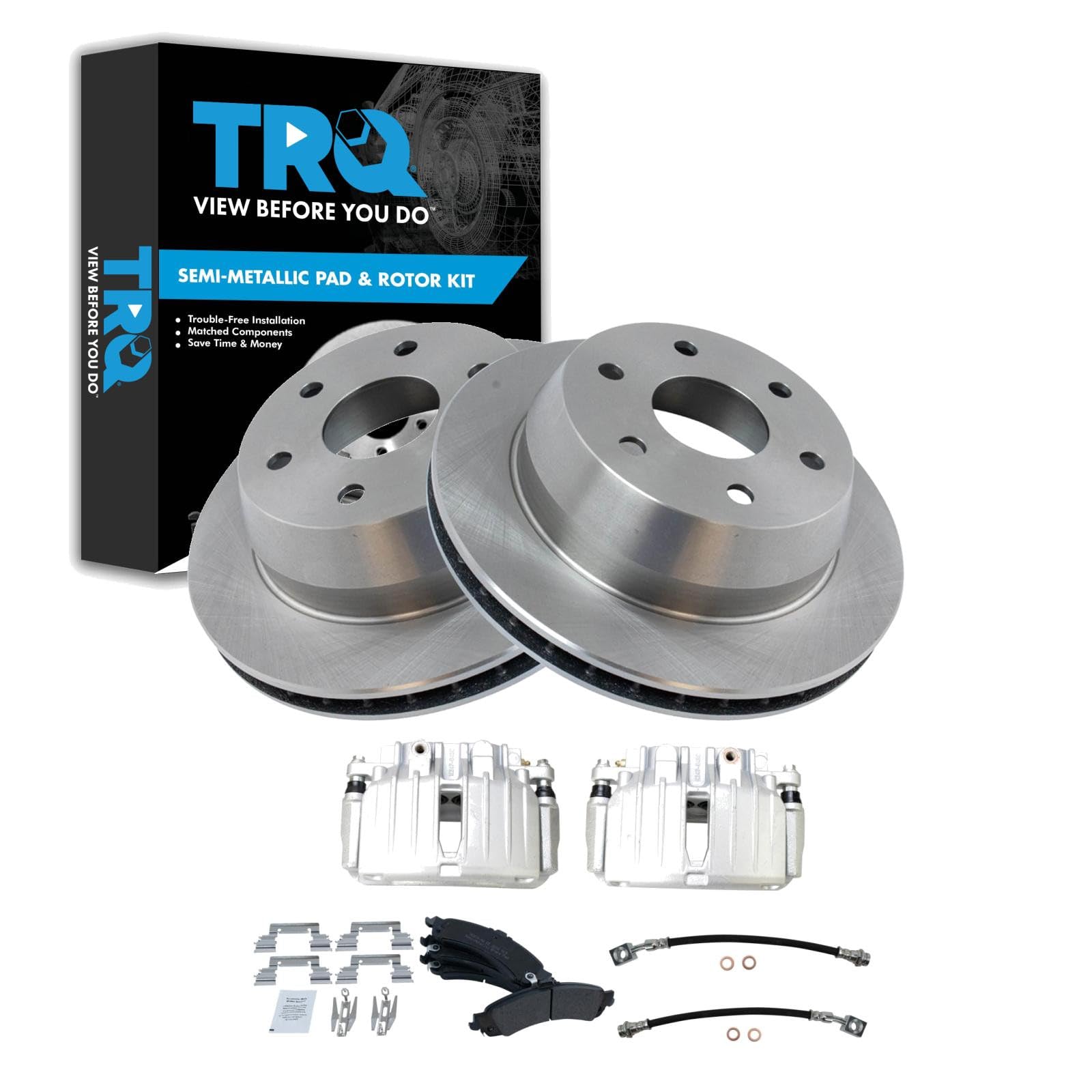 TRQ Brake Pad &amp; Rotor Kit Semi-Metallic Compatible with 02-06 Cadillac 00-06 Chevrolet GMC