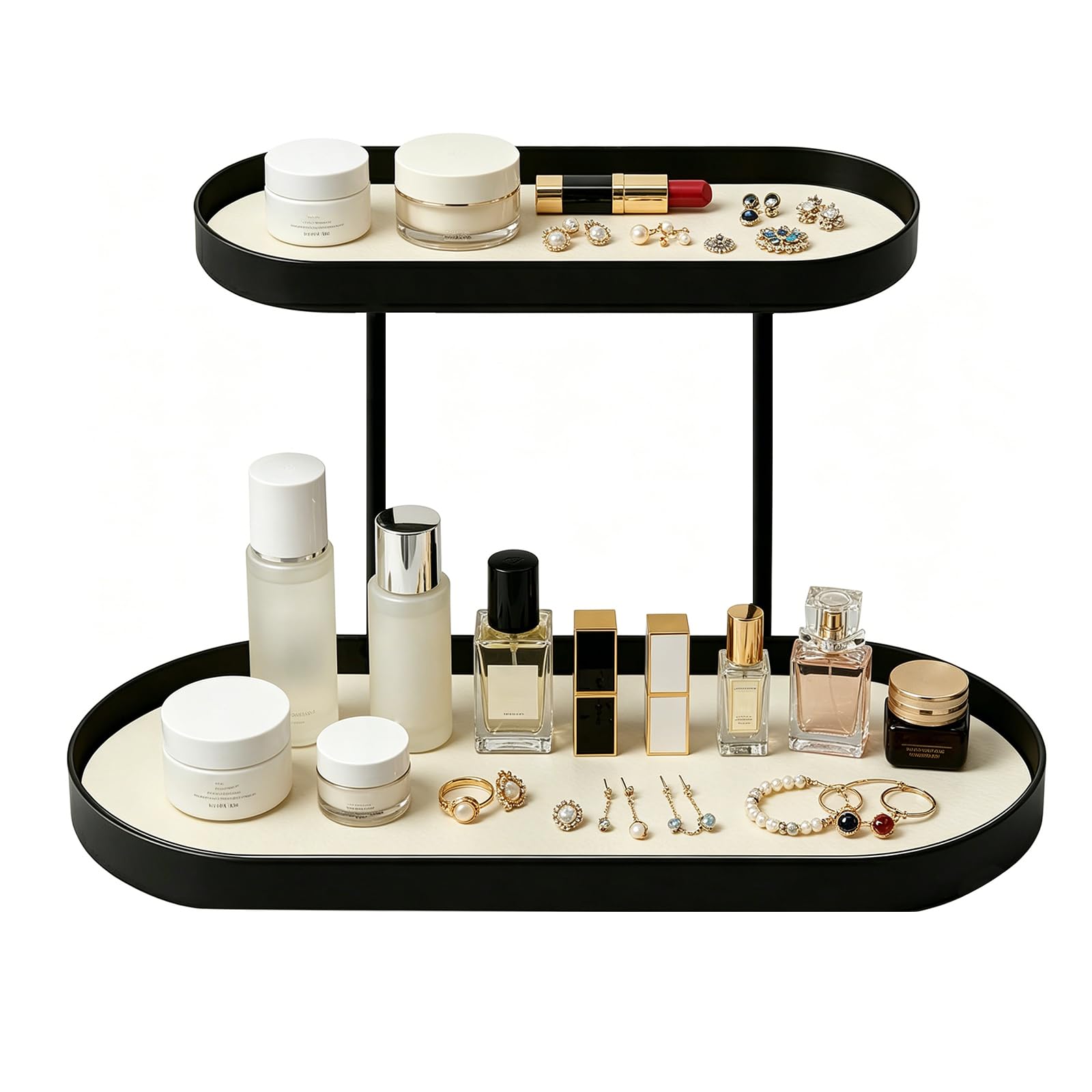 Zweistöckiger Parfüm Organizer ohne Montage, modernes Regal aus Metall & Kunstleder, robust & stabil, für Kosmetik, Schmuck, Bad, Wohnzimmer, Schwarz und Weiß