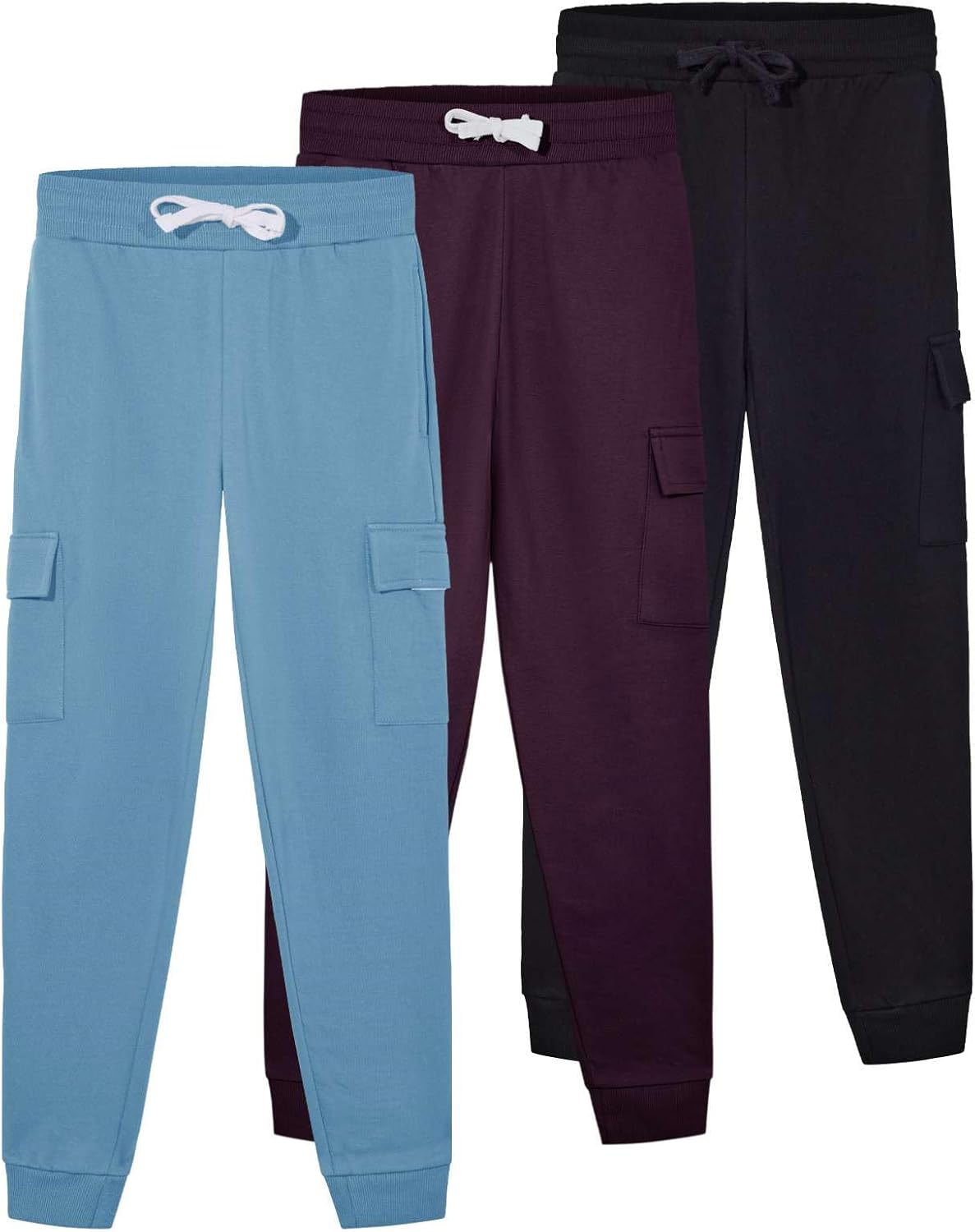 Real Essentials 3 Pack: Girls' Fleece Cargo Joggers Athletic Sweatpants - Casual Pants with Pockets (Ages 6-16)