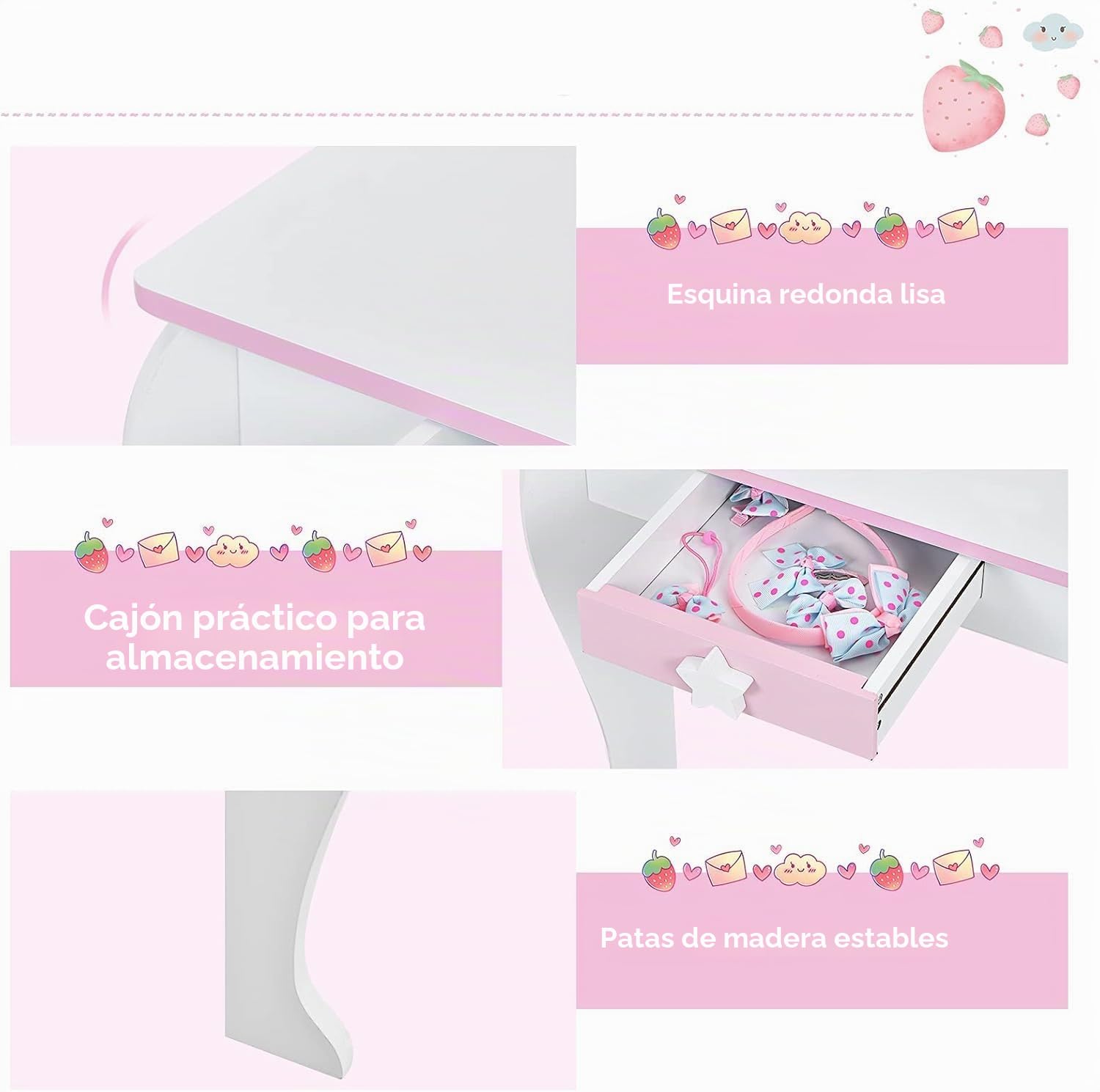FANTASK Tocador Infantil con cajón y Espejo extraíble, tocador de Princesa con Taburete, tocador Rosa y Blanco para niñas de 3 a 7 años