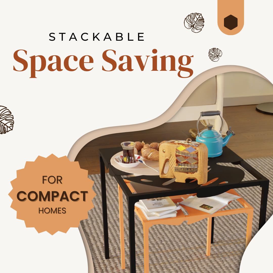 COGO Leaf Metal Coffee Tables (Set of 2) | Black & Orange | Matte Finish | Stackable Nesting Table | Center Table for Living Room, Balcony, Office, Bedroom | Stackable & Easy to Clean | 18 & 15 inch 2