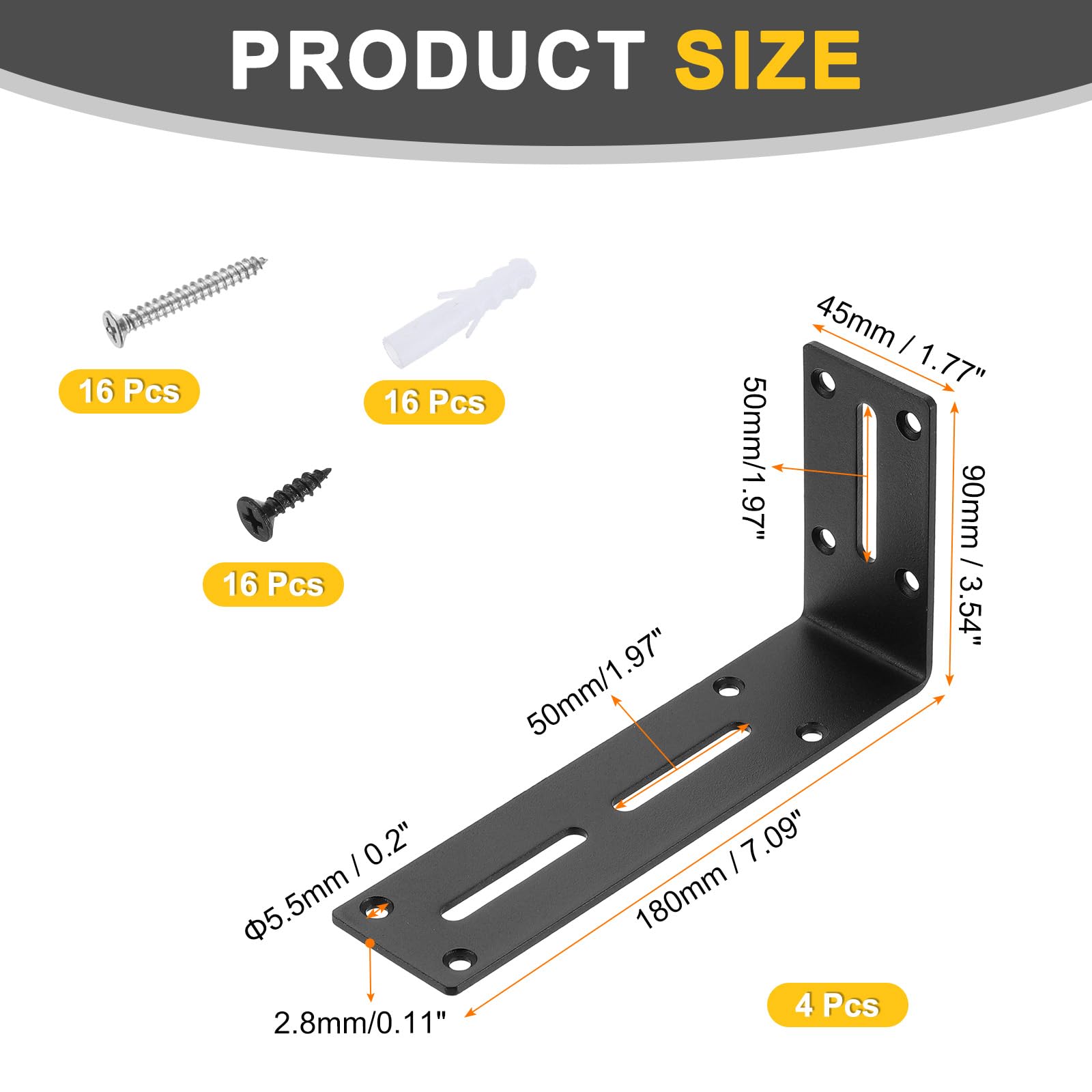 QUARKZMAN 4Pcs Staffa Angolare Regolabile A Forma Di L, 90 x 180 x 45mm l Staffa Angolare Giunto A Fessura Angolo Retto Con Viti Per Fissare Mobili Scaffali Legno Armadio Mensola, Nero