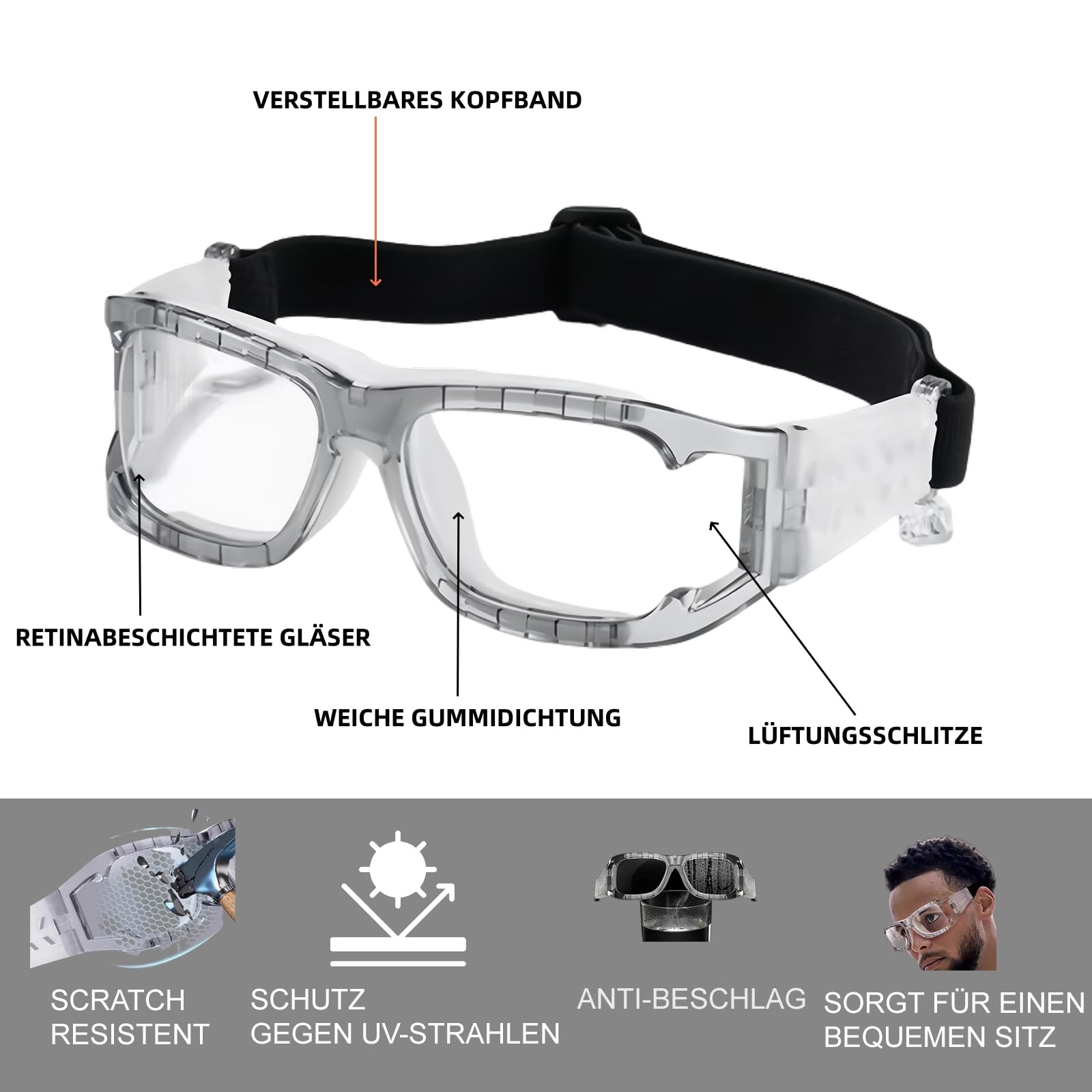 Optische Sportbrille, Dioptrien: -0,5-8,0, Fußball, Volleyball, Hockey, Sportbrille für draußen, Schutzbrille, Basketball, Laufen, Radfahren,verstellbares Gummiband