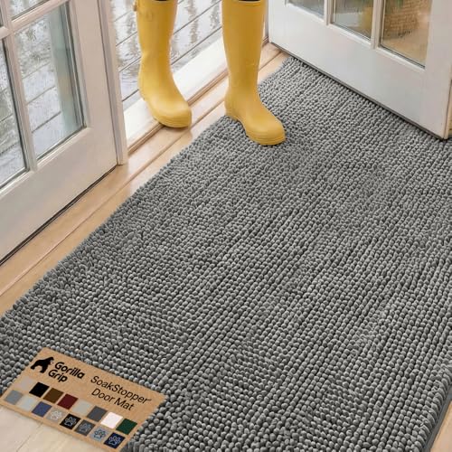 Image of GORILLA GRIP SoakSTOPPER Dog Door Mat, 60x36 Machine Washable Rug Absorbent Doormat Captures Moisture Mud Dirt, Quick Dry Soft Chenille Entryway Rugs Indoor Entrance Mats for Dog Paws, Grey
