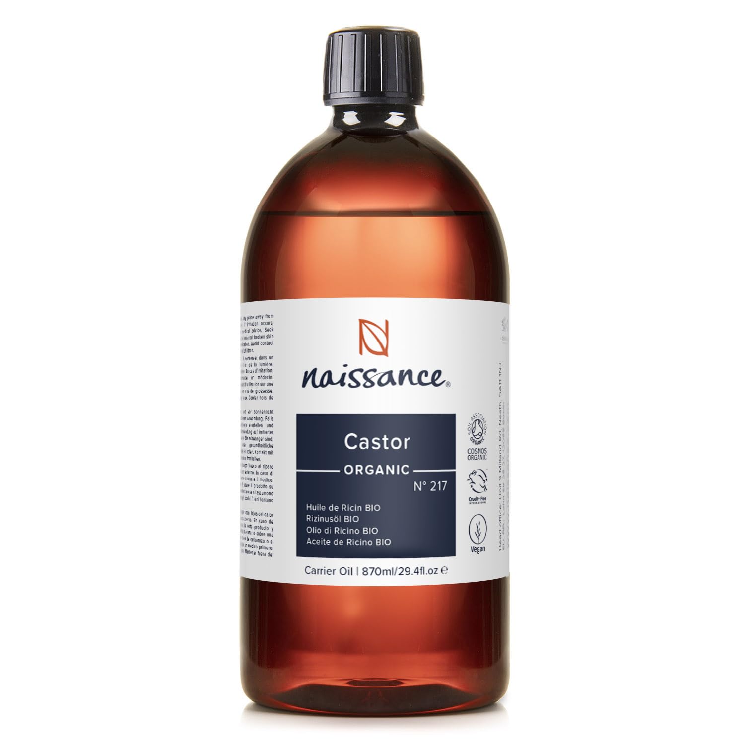 Naissance Aceite de Ricino BIO Prensado en Frio (No. 217) 870ml - Hidratante Nutritivo Natural Pelo Piel Uñas Cejas Pestañas Ojos - Vegano