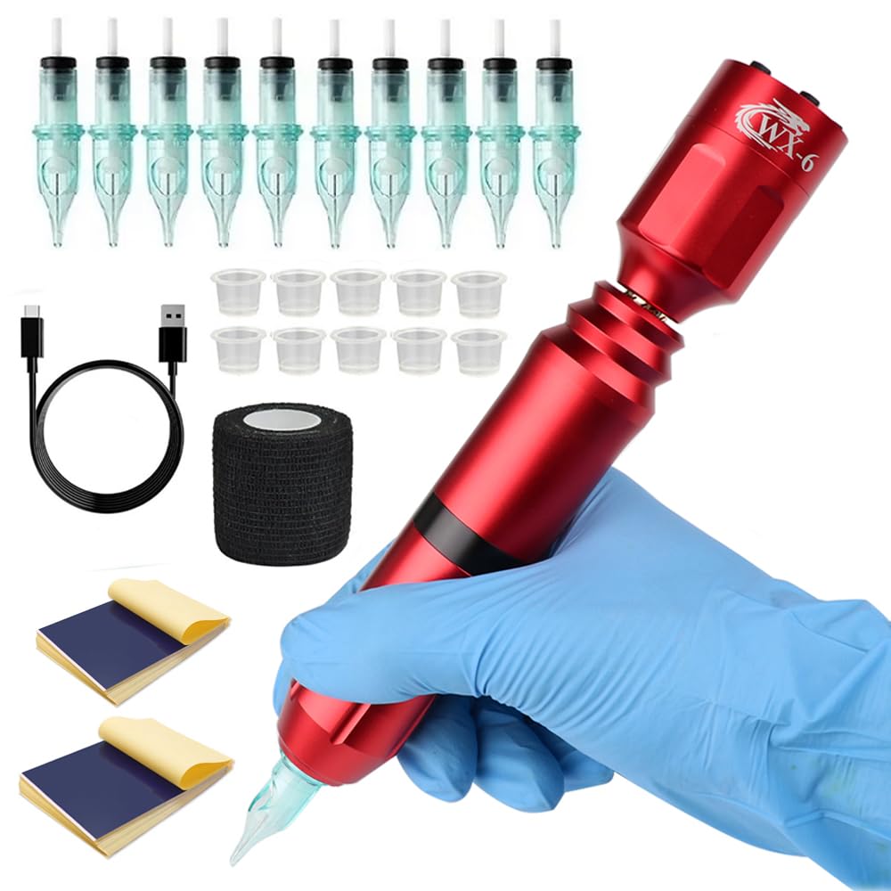 Wireless Tattoo Kit Complete Tattoo Gun Kit Rotary Tattoo Pen with 10pcs Cartridge Needle RCA Jack Power Supply for Beginner Tattoo Machine Set (Red)