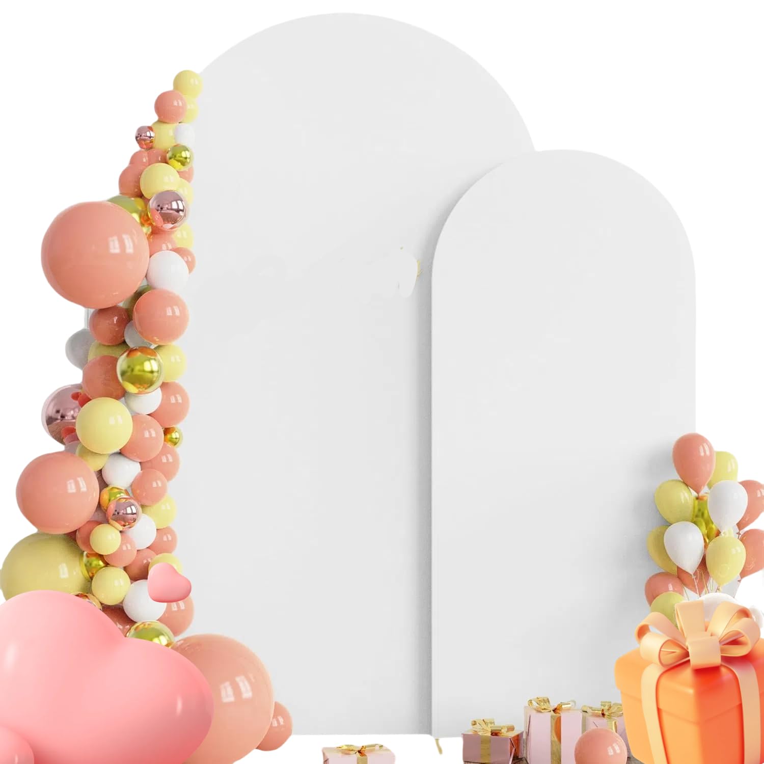 Set of 2 Gold Metal Arch Backdrop Stands with White Covers (7.2FT + 6FT) Wedding Arch Frame for Birthday Party, Baby Shower, Graduation Decoration, Balloon Arch Frame for Events & Celebrations