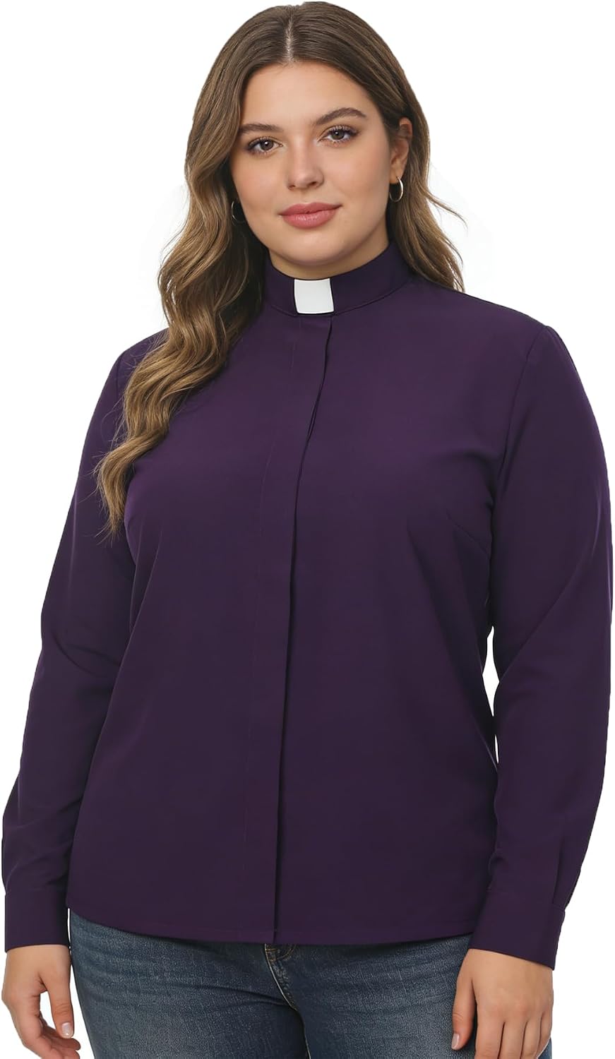 Women's Clergy Shirt Tab Collar Long Sleeve Regular Fit Cotton Blended Stretch Blouse