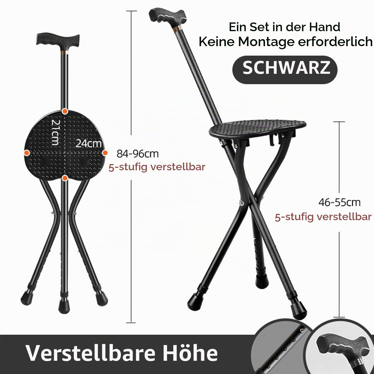 Gehstock Mit Sitz,Sitzstock,Mit 3 Beinen,Faltbarer Mit Ständer,120kg Gewichtskapazität,In Fünf Positionen Höhenverstellbar,Für Ältere Menschen, Behinderte Und Ruhende
