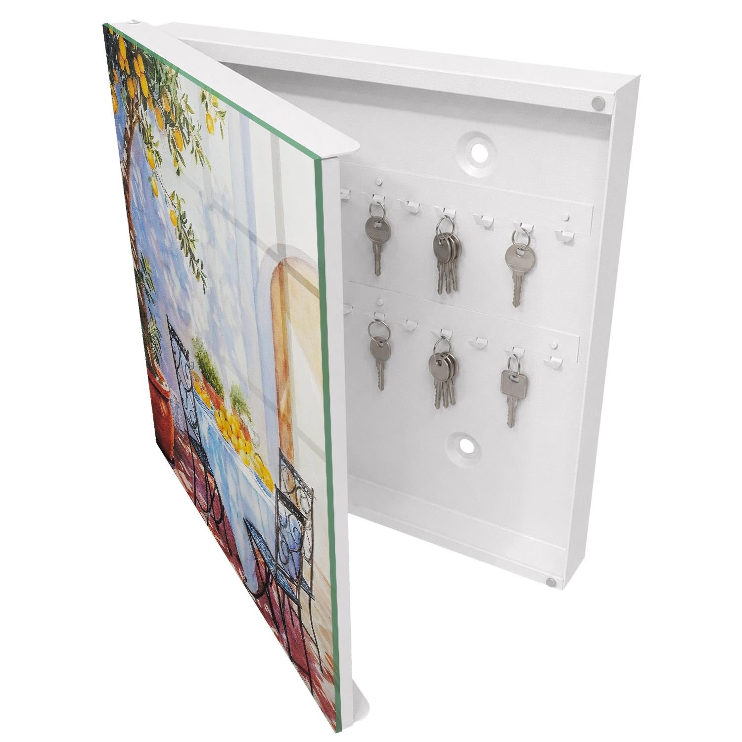Armadietto Portachiavi 30x30 cm | Bianco | A Sinistra | Montaggio a Parete | Giardino dei limoni | Tasselli e Viti Inclusi | in Metallo | Frontale Decorativo in Vetro Temperato | per Uffici