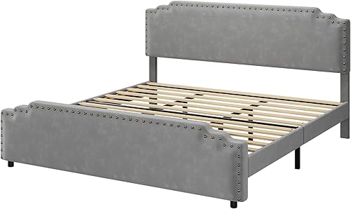 Miniatura 1 de Base de cama tamaño Queen, plataforma tapizada de terciopelo y cabecero con decoración de remaches, soporte de listones de madera fuerte, no