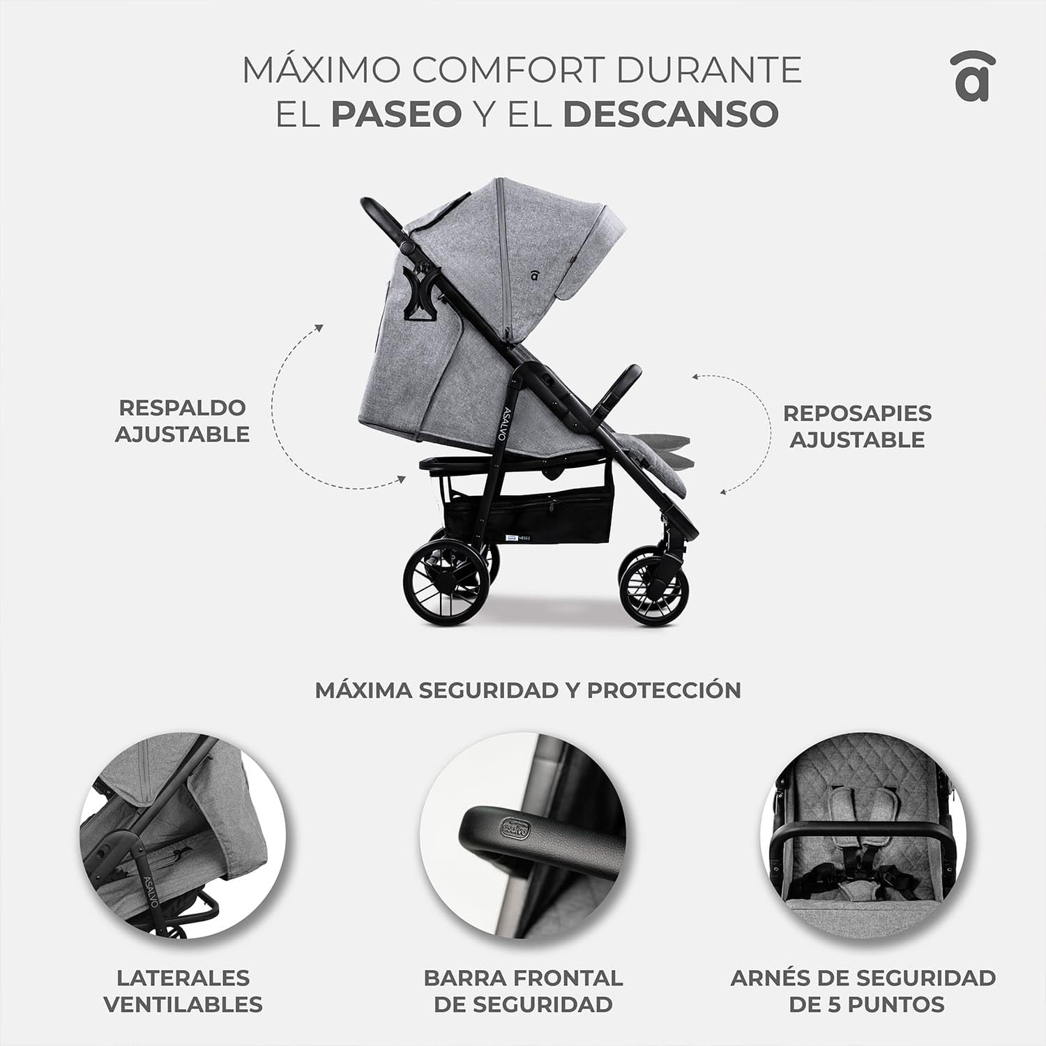 Asalvo NESS 2 Silla de Paseo para bebé, Carrito de paseo con Respaldo Reclinable, Cochecito urbano, Arnés 5 Puntos, SPF50+, Gran Capota con Ventana, Manejable y Máxima Seguridad Hasta 24 kg, Gris