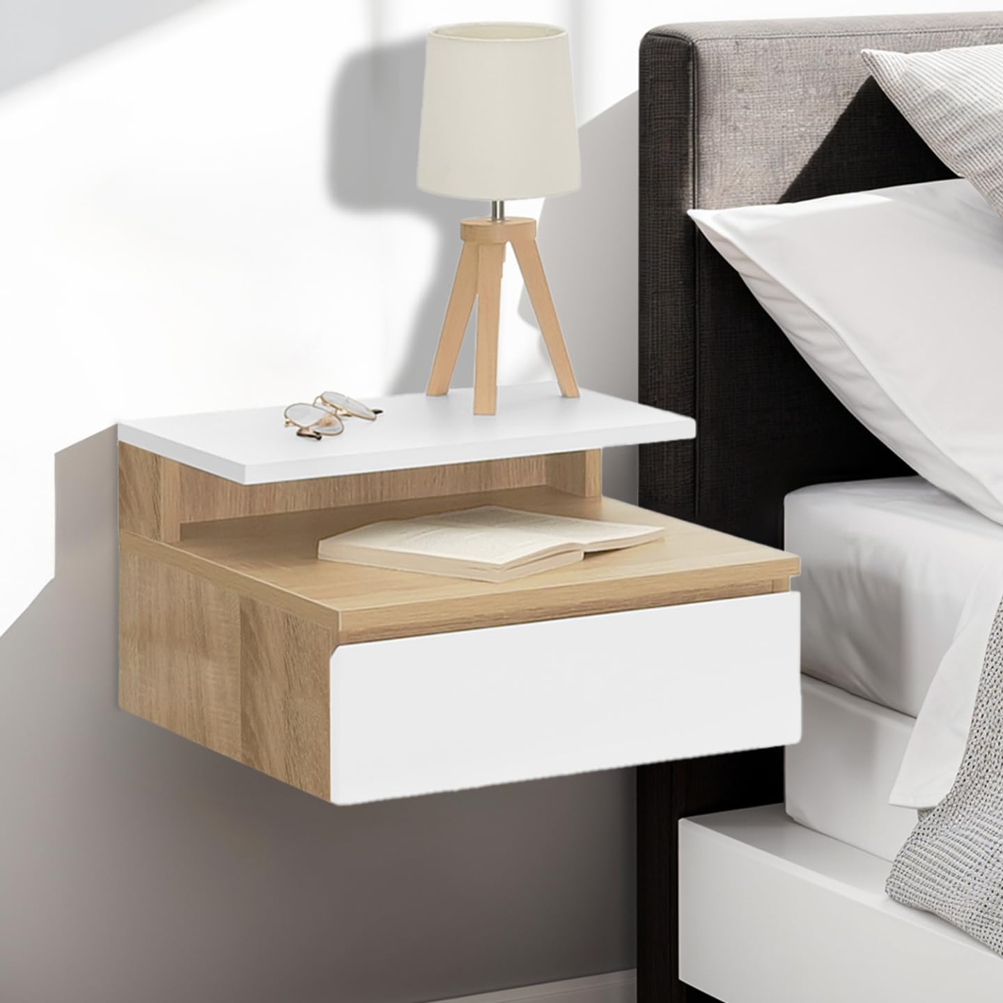 IDMarket - Set di 2 comodini a Parete TOMI con mensola sospesa + 1 mensola in faggio e cassetto Bianco