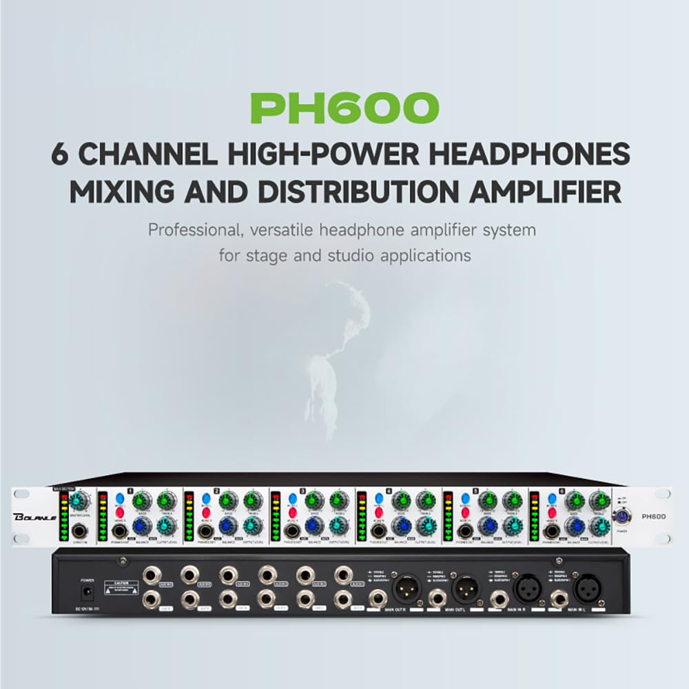 Bolanle PH6000 - Amplificatore di distribuzione e miscelazione cuffie ad alta potenza a 6 canali, jack da 3,5 mm e 6,35 mm
