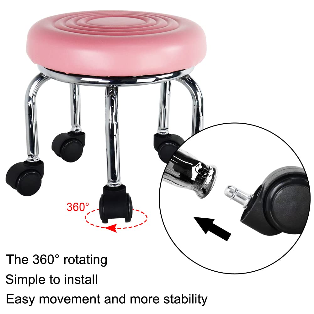 WKWKER Moderne rolstoel PU lederen lage ronde rolkruk 360 draaibare kleine kruk met universele zwenkwielen voor thuiskantoor, garage, winkel, fitness, sport (H: 8,4 'zwart