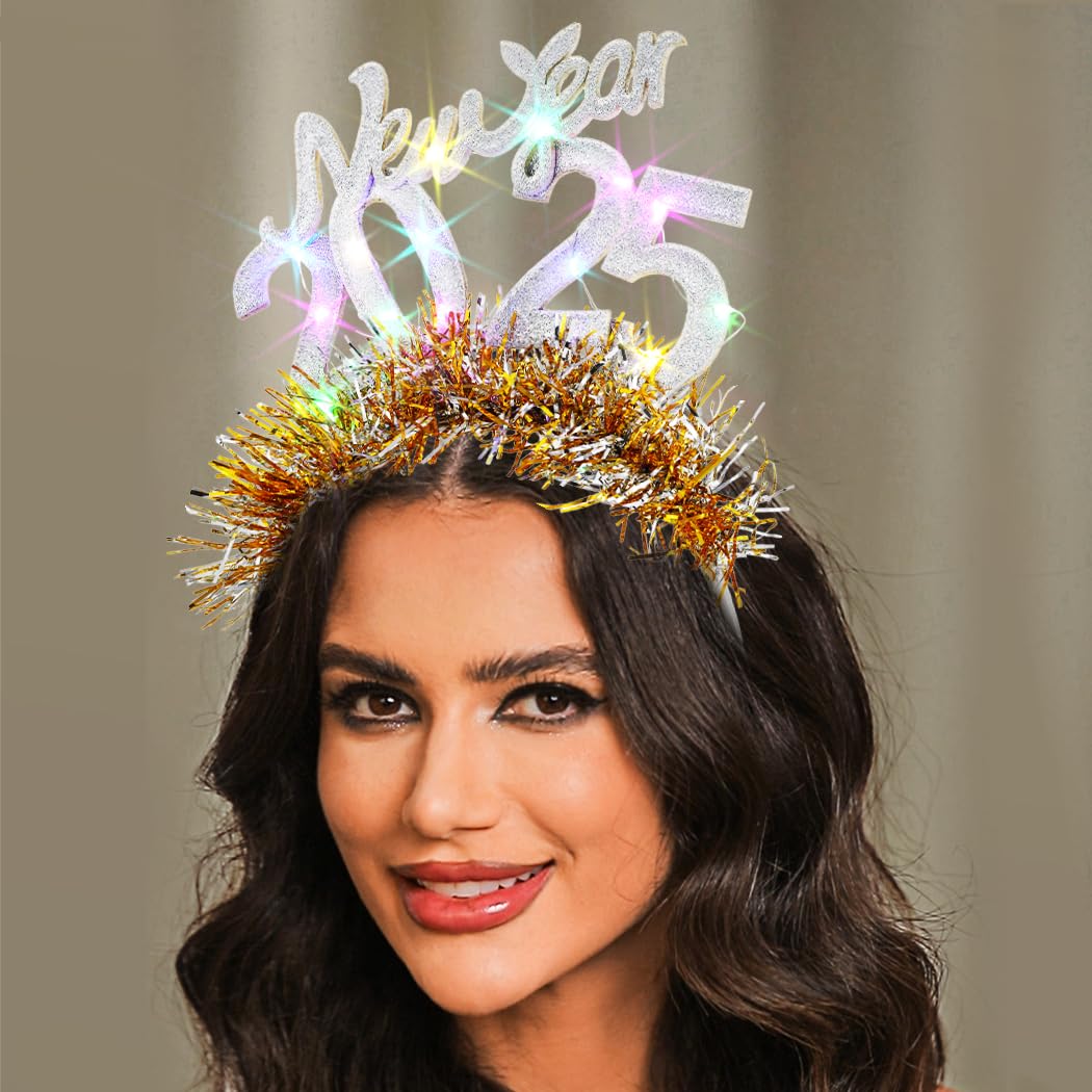Handcess Light up New Year Headband Glitter LED Hair Band Glowing Costume Hair Hoop 2025 New Year's Eve Party Hair Accessories for Women(Silver - Image 2